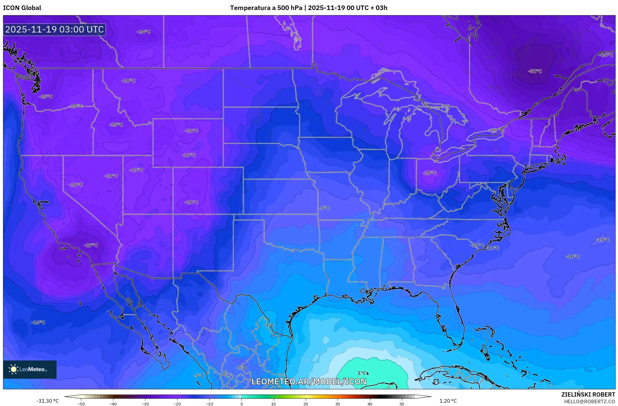 ICON model - Estados Unidos, Temperatura a 500 hPa