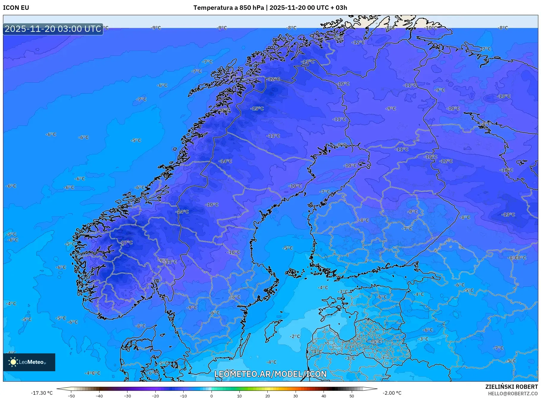 ICON model - Escandinavia, Temperatura a 850 hPa