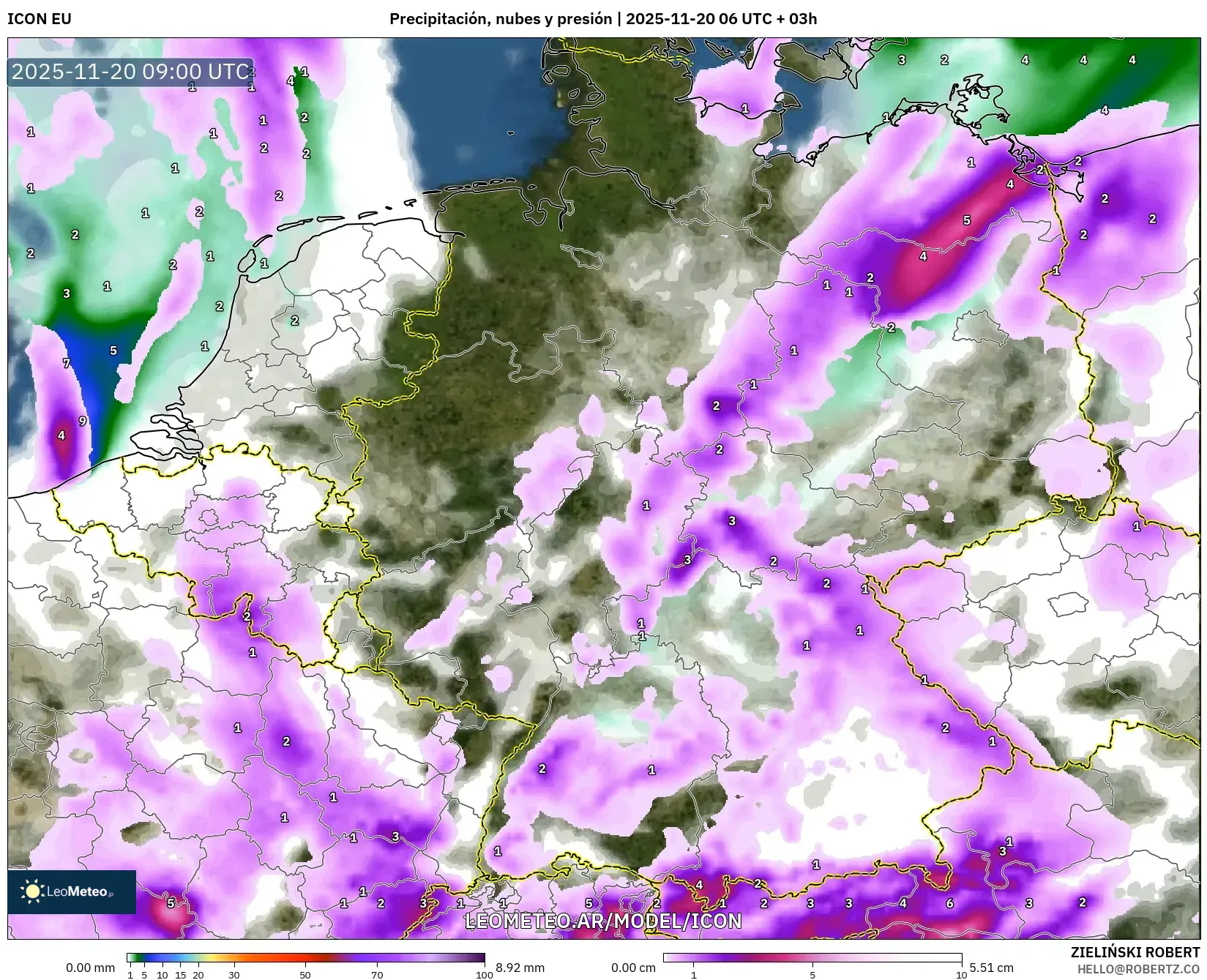 ICON model - Alemania, Precipitación, nubes y presión