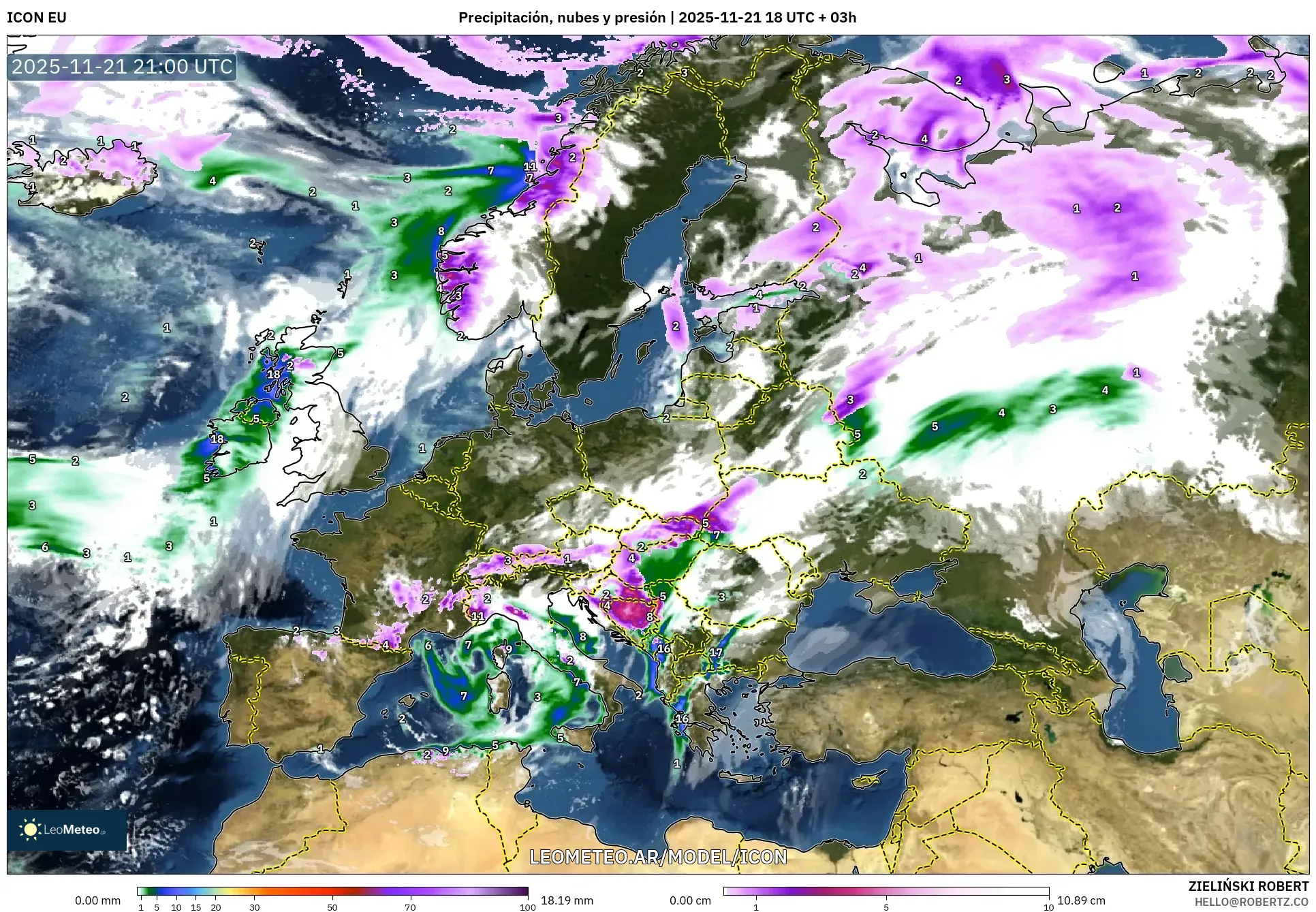 ICON model - Europa, Precipitación, nubes y presión