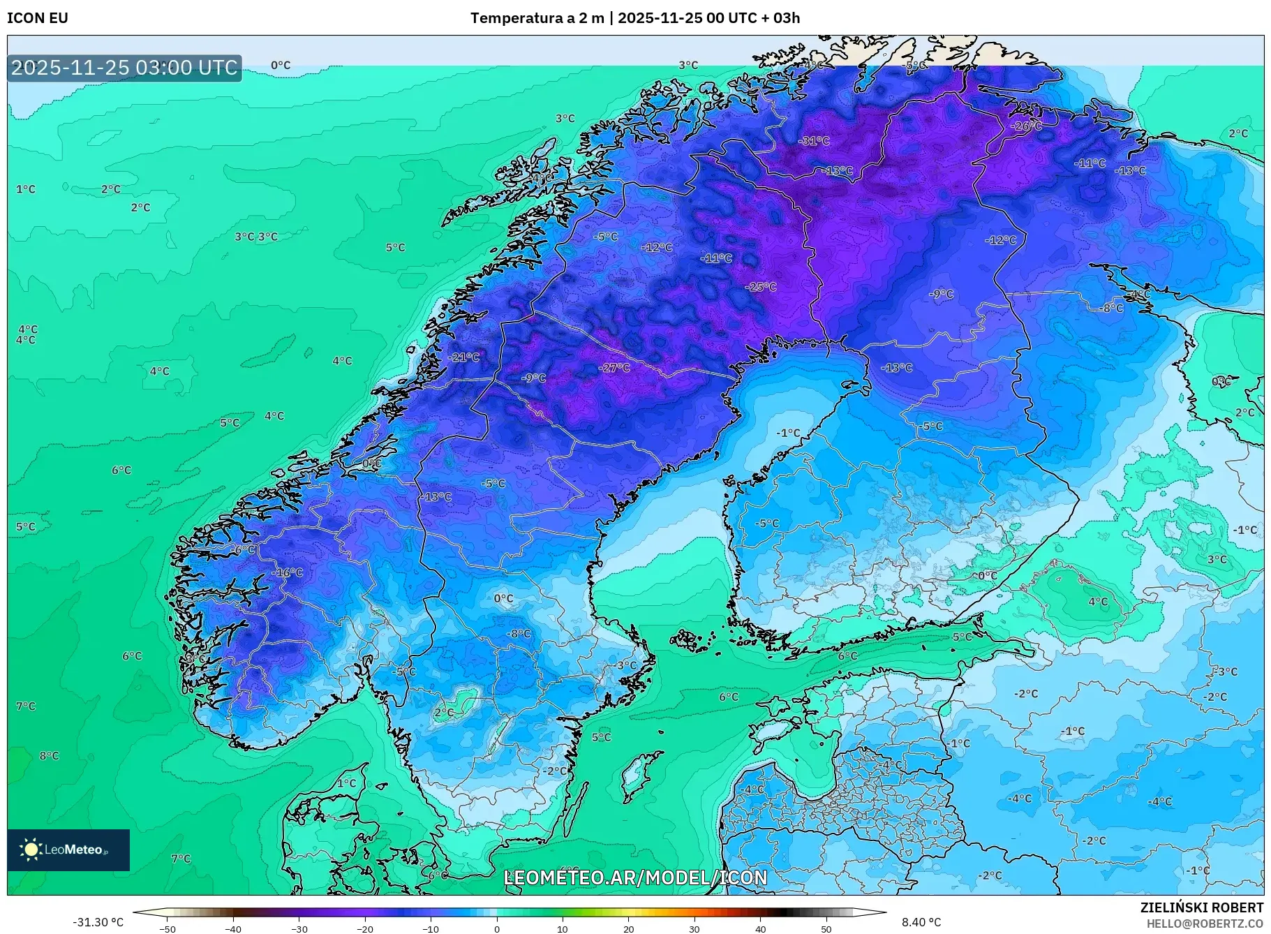 ICON model - Escandinavia, Temperatura a 2 m