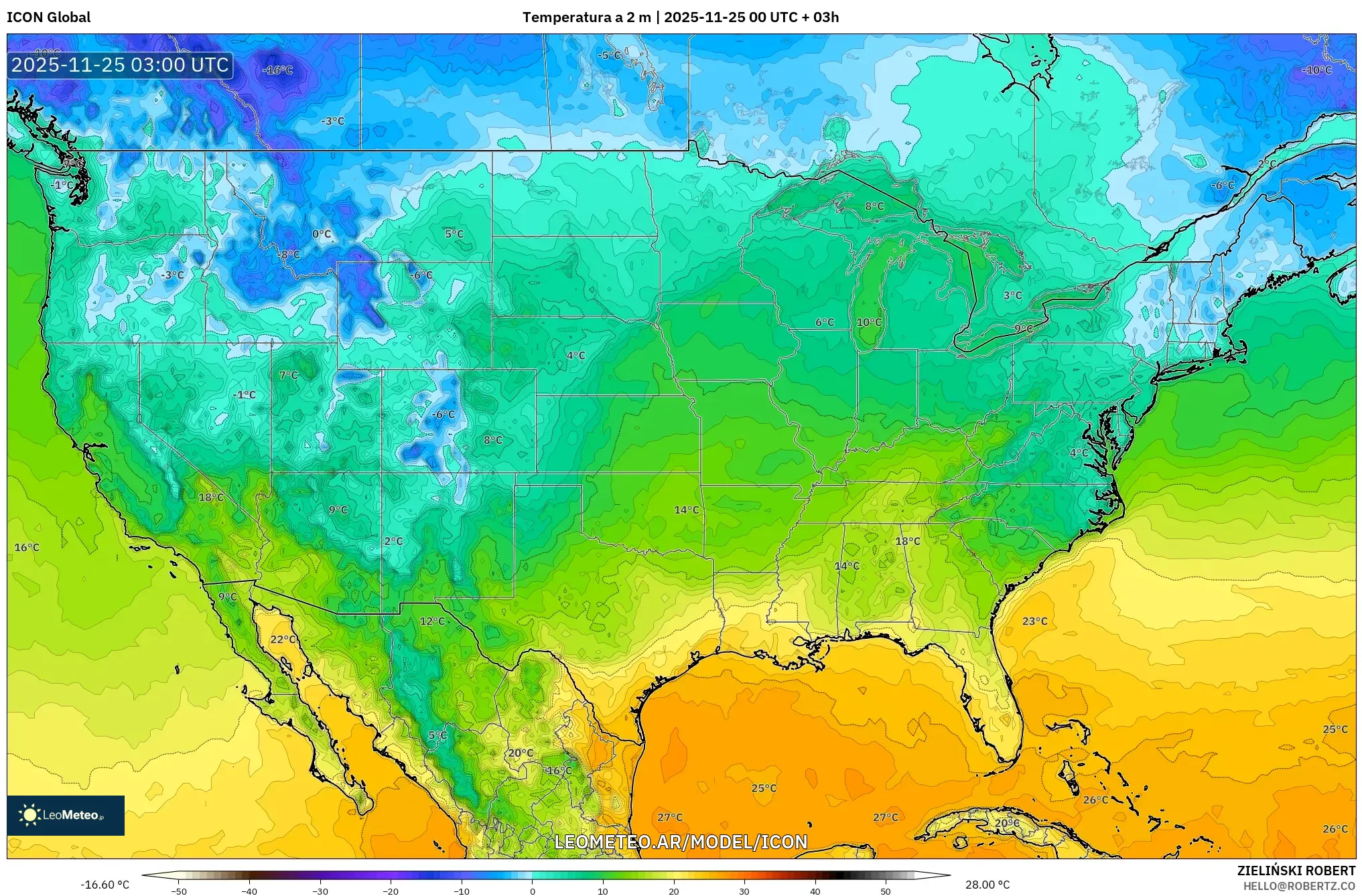 ICON model - Estados Unidos, Temperatura a 2 m