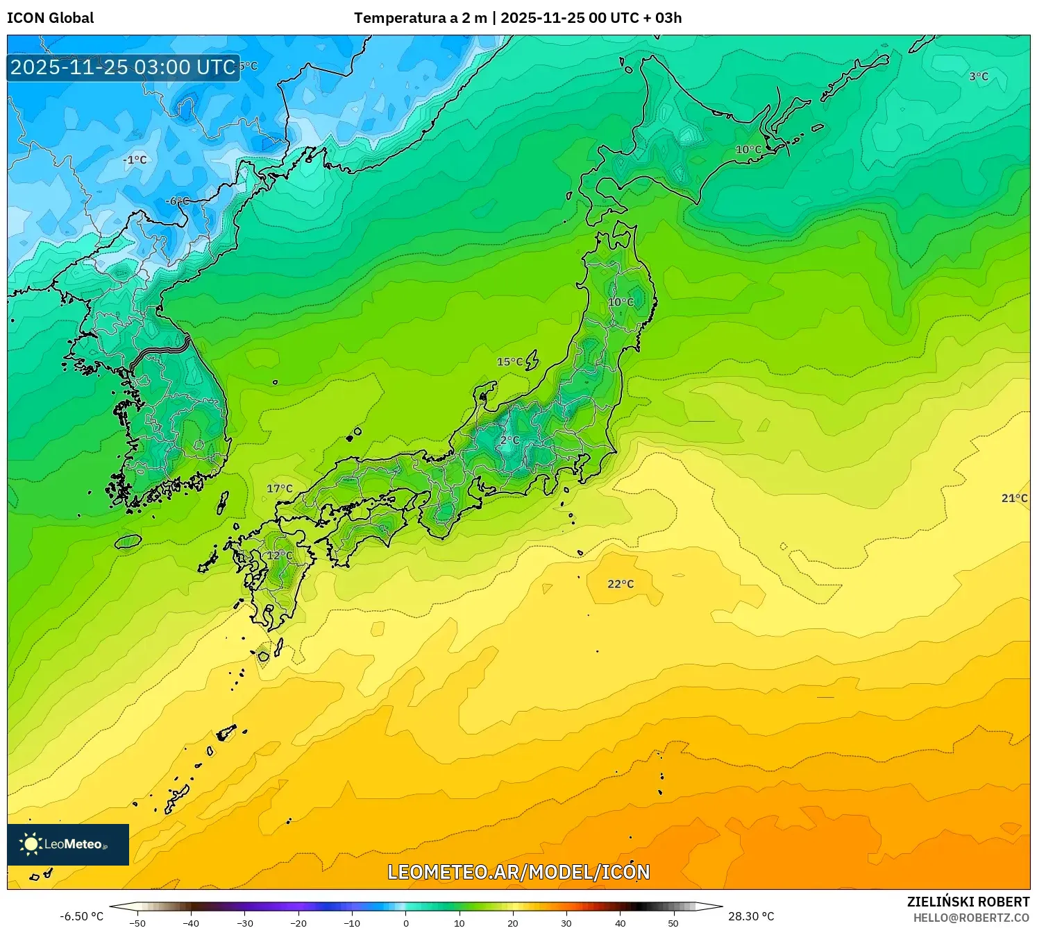 ICON model - Japón, Temperatura a 2 m