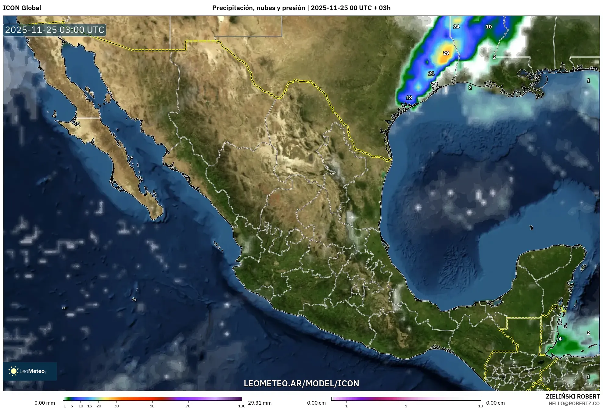 ICON model - México, Precipitación, nubes y presión
