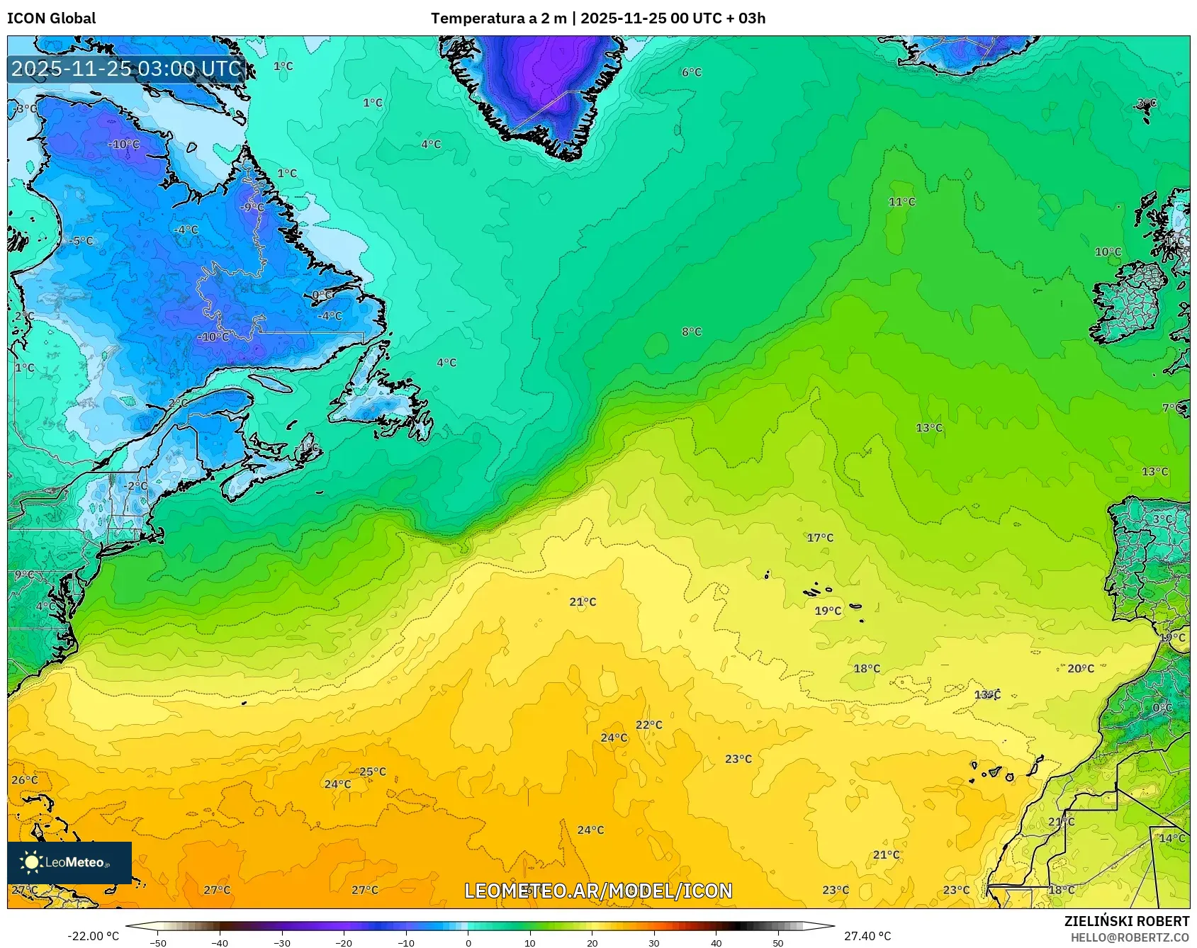 ICON model - Norte Atlántico, Temperatura a 2 m