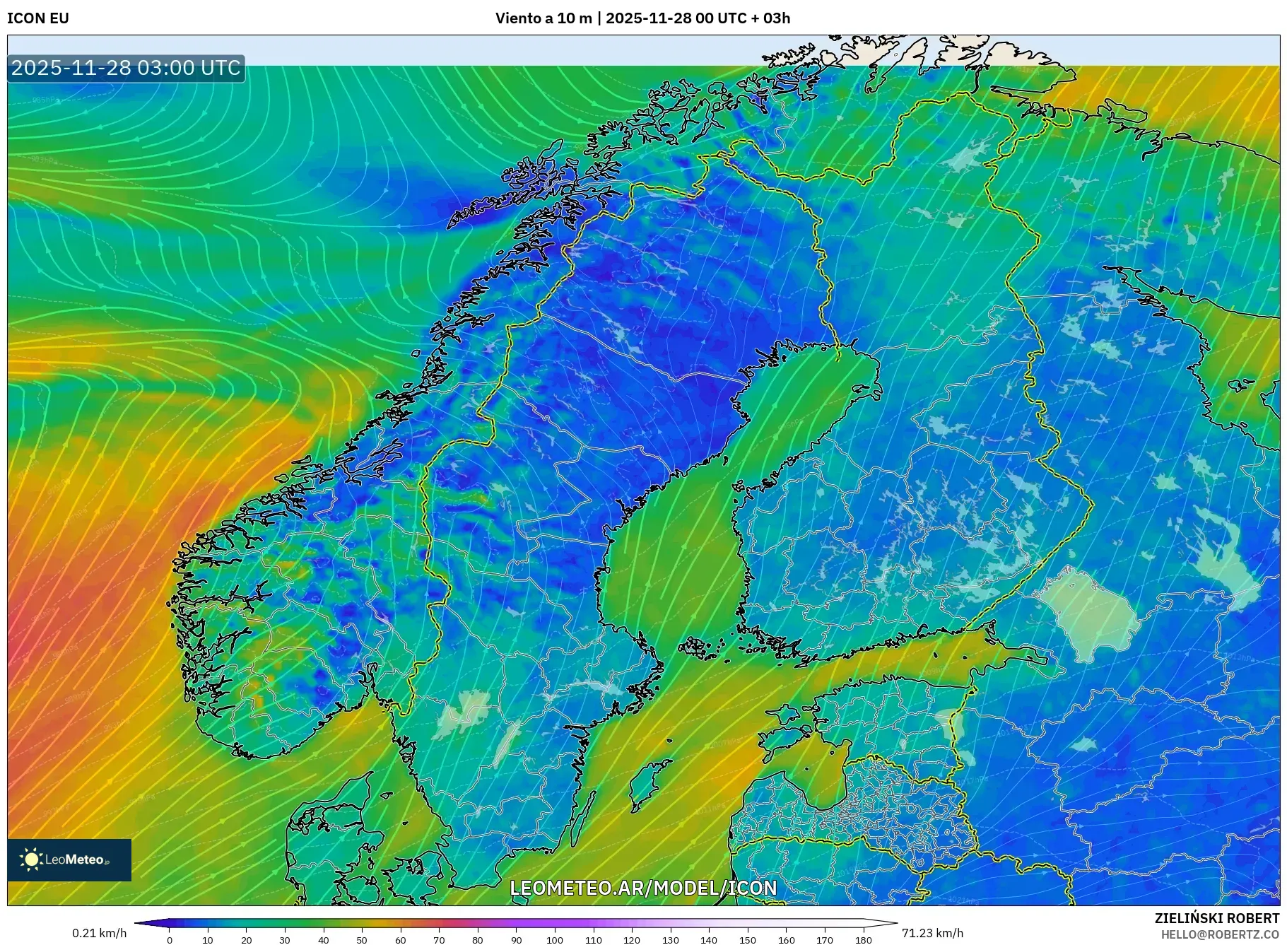 ICON model - Escandinavia, Viento a 10 m