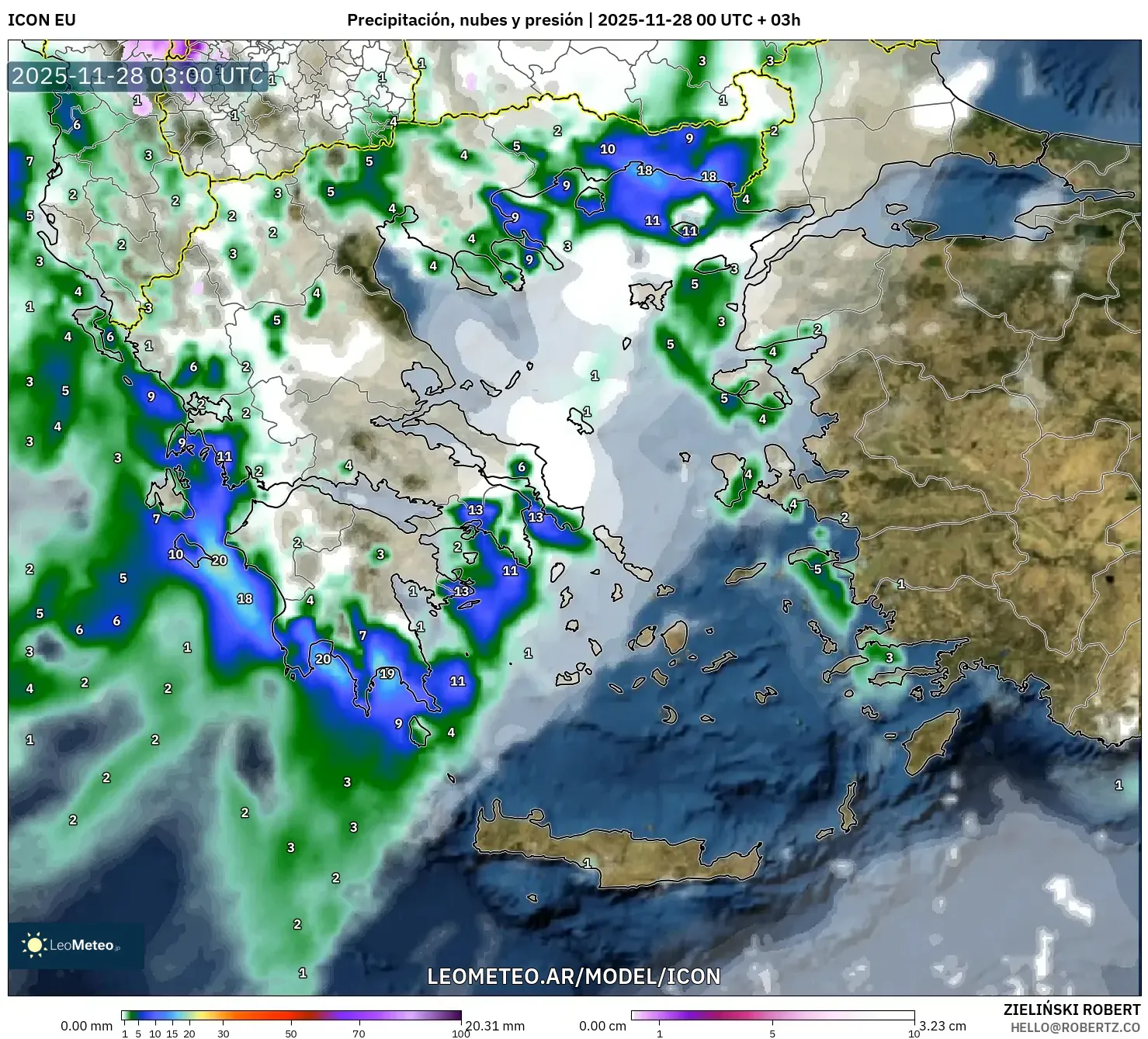 ICON model - Grecia, Precipitación, nubes y presión