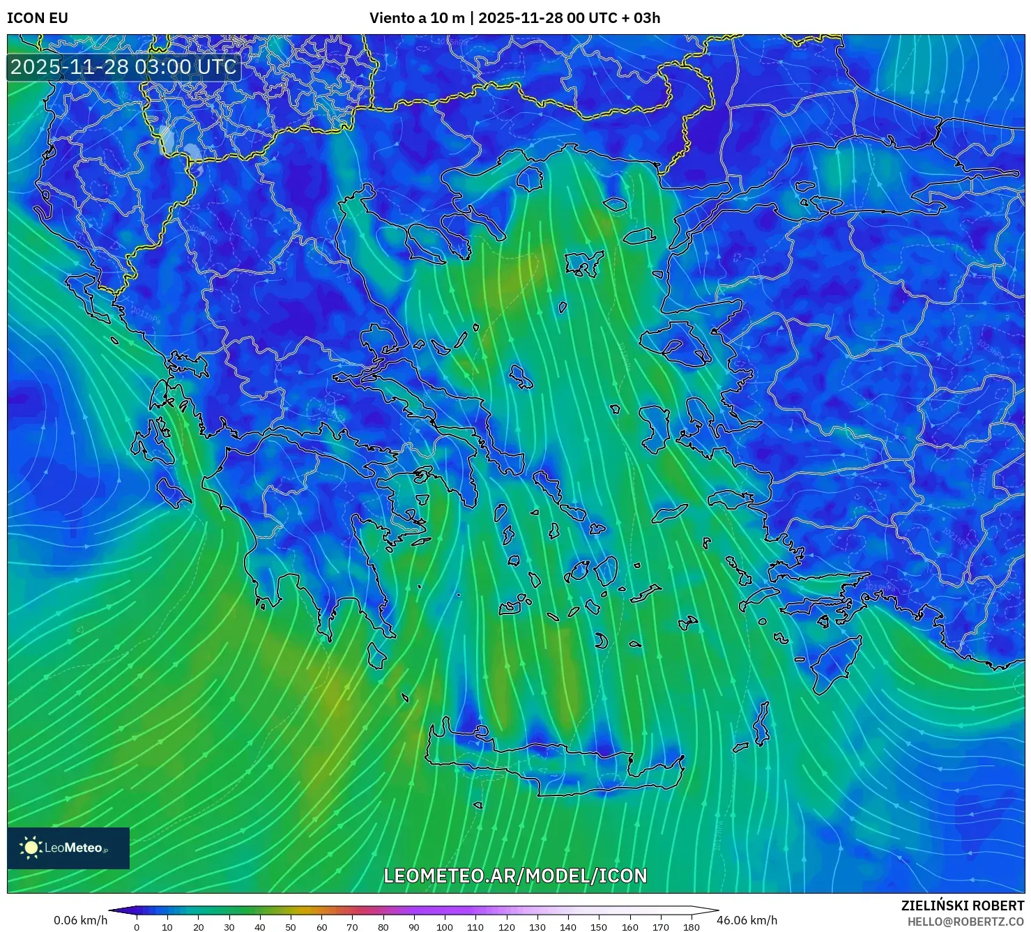 ICON model - Grecia, Viento a 10 m