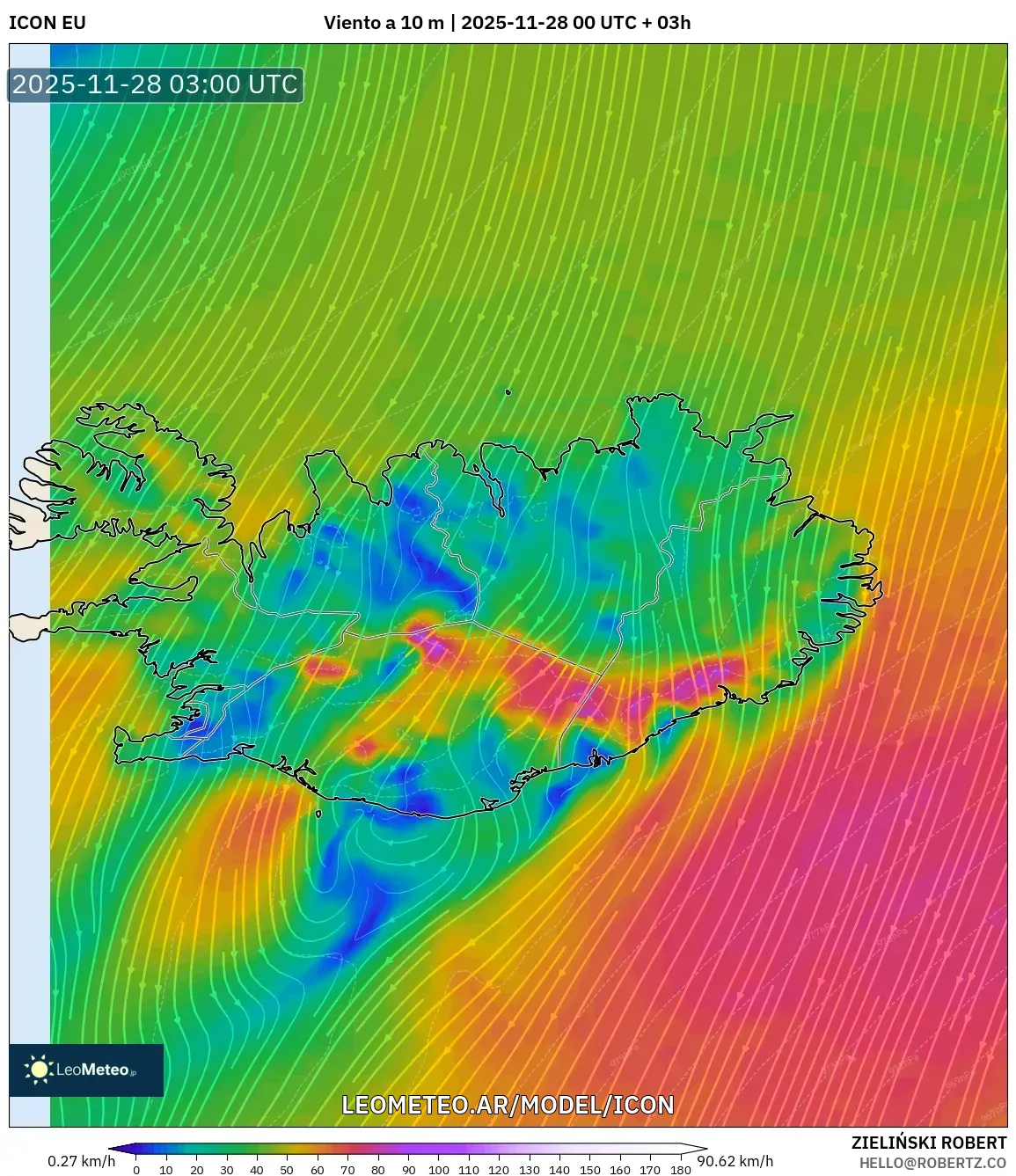 ICON model - Islandia, Viento a 10 m