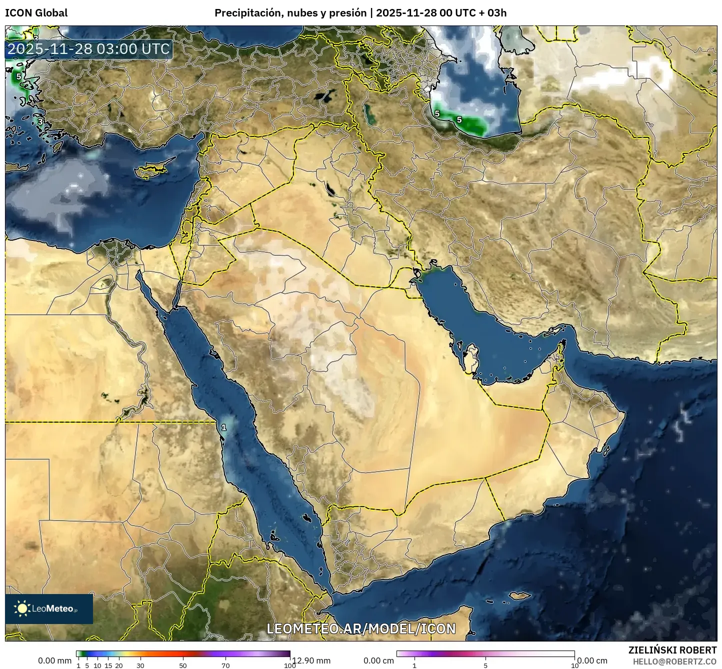 ICON model - Oriente Medio, Precipitación, nubes y presión