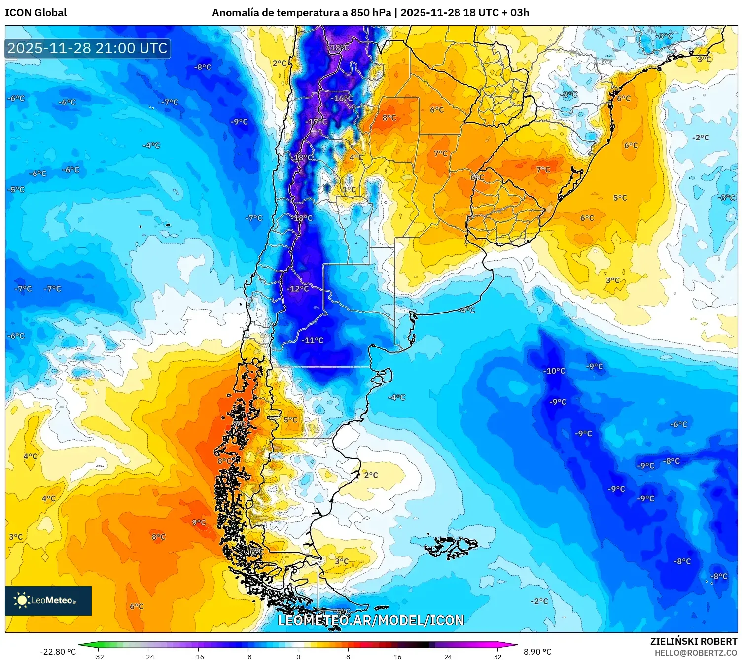 ICON model - Argentina, Anomalía de temperatura a 850 hPa