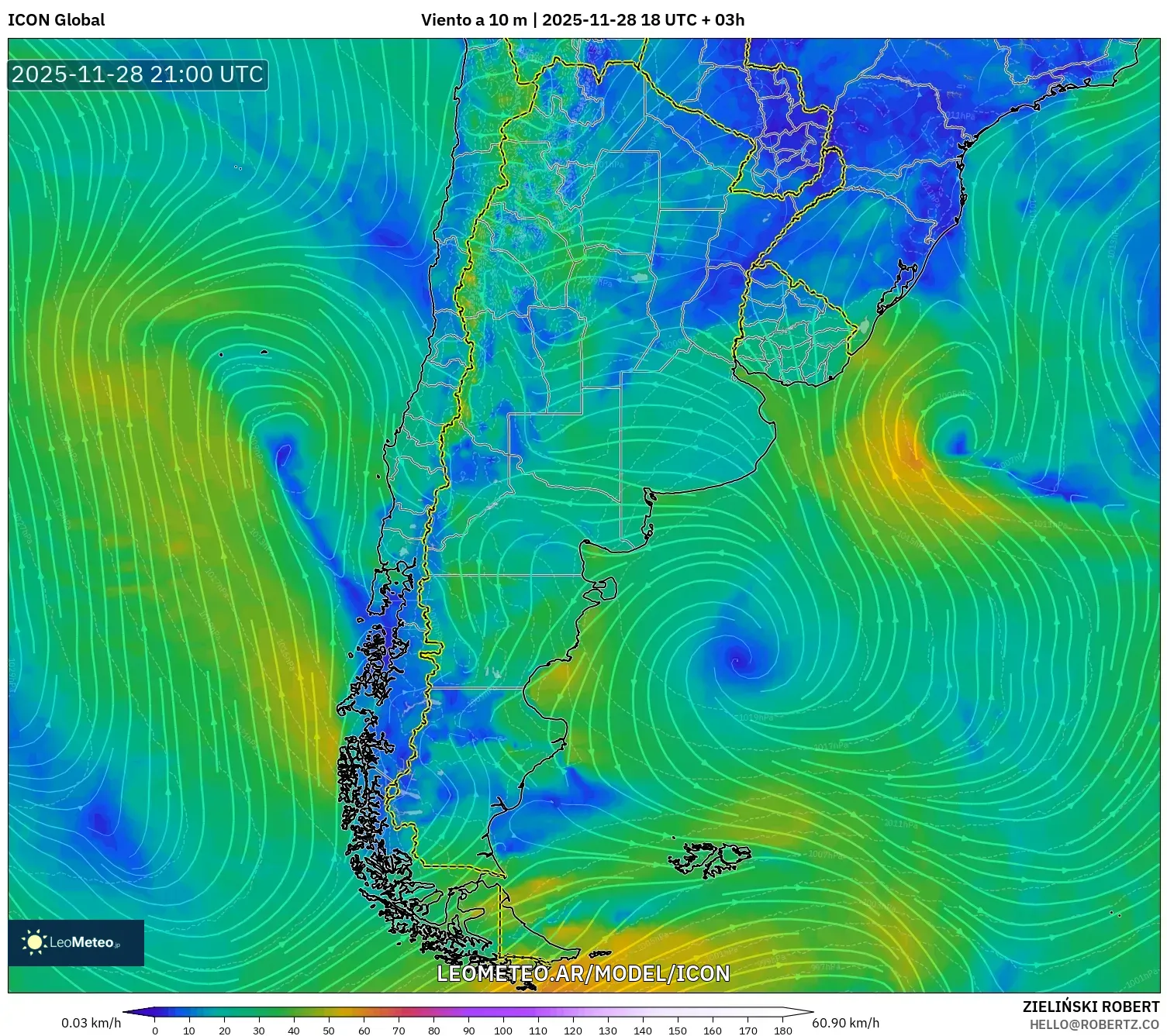 ICON model - Argentina, Viento a 10 m