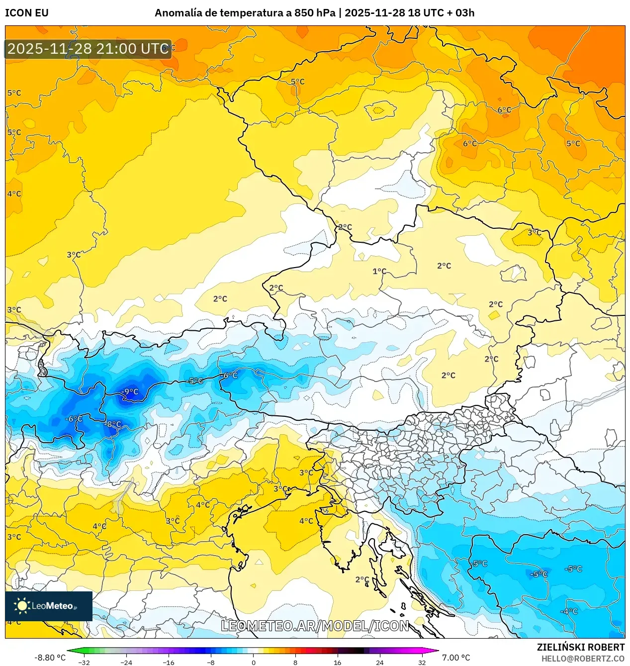 ICON model - Austria, Anomalía de temperatura a 850 hPa