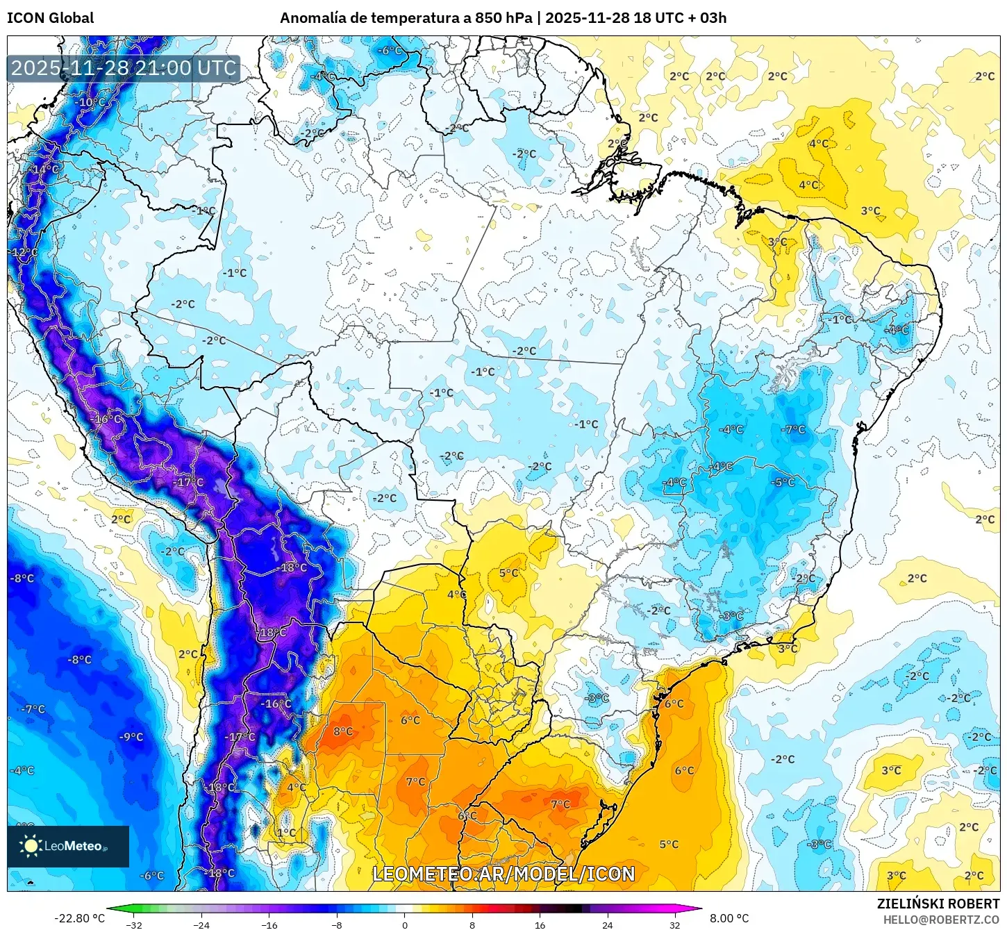 ICON model - Brasil, Anomalía de temperatura a 850 hPa