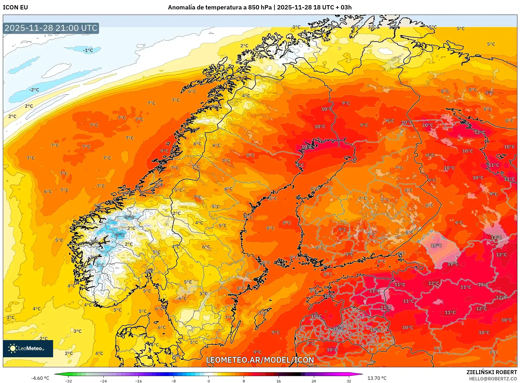 ICON model - Escandinavia, Anomalía de temperatura a 850 hPa