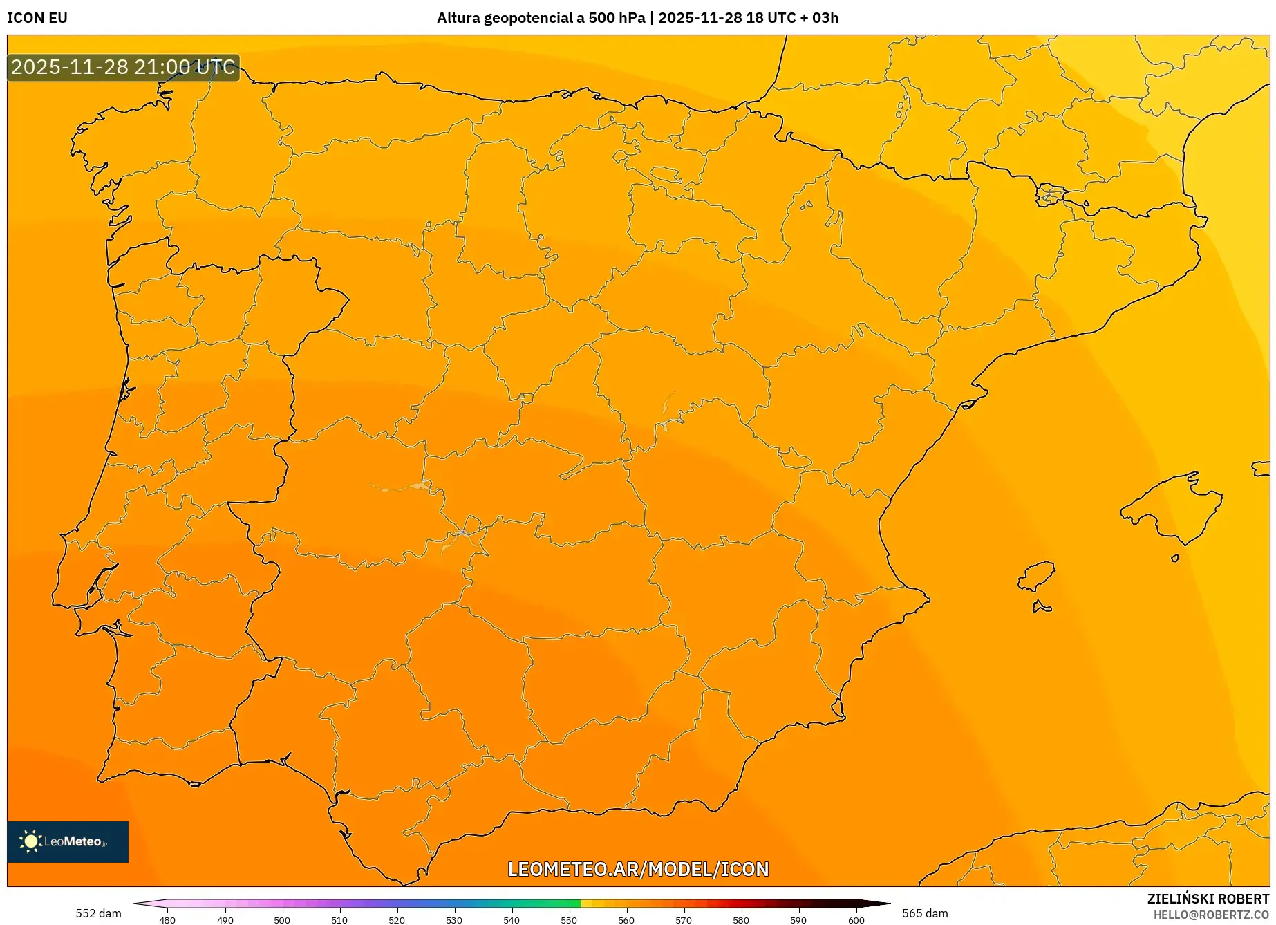 ICON model - España, Altura geopotencial a 500 hPa