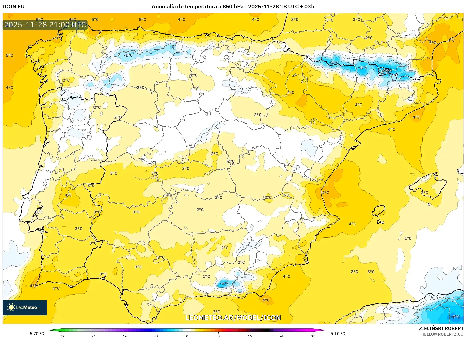 ICON model - España, Anomalía de temperatura a 850 hPa