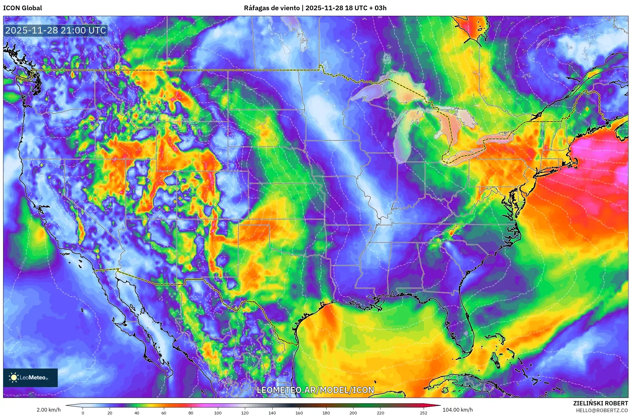 ICON model - Estados Unidos, Ráfagas de viento