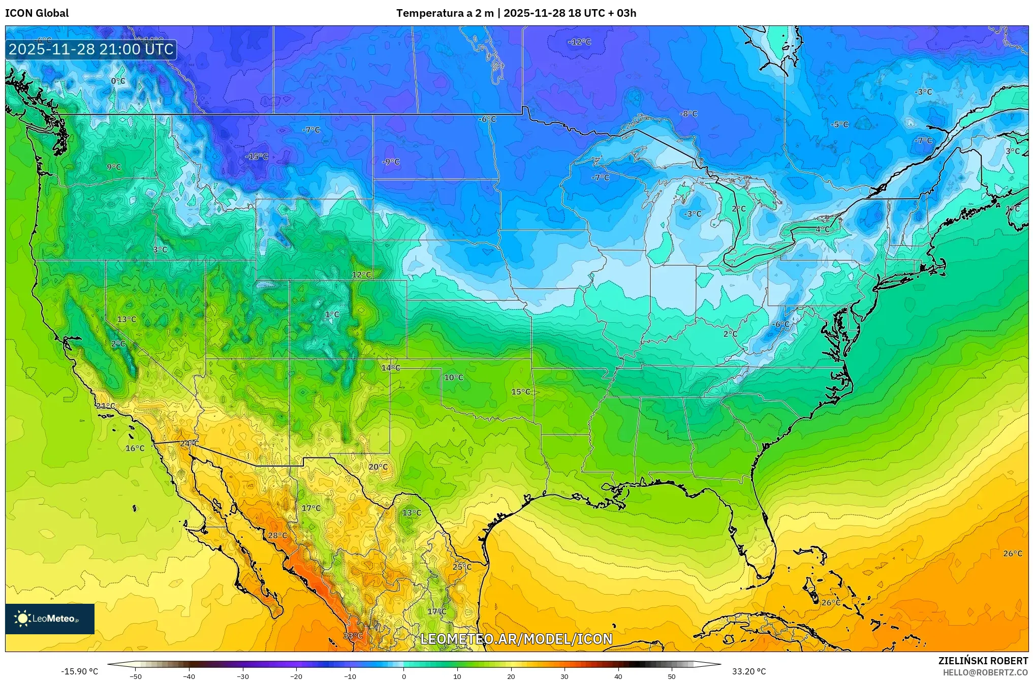ICON model - Estados Unidos, Temperatura a 2 m