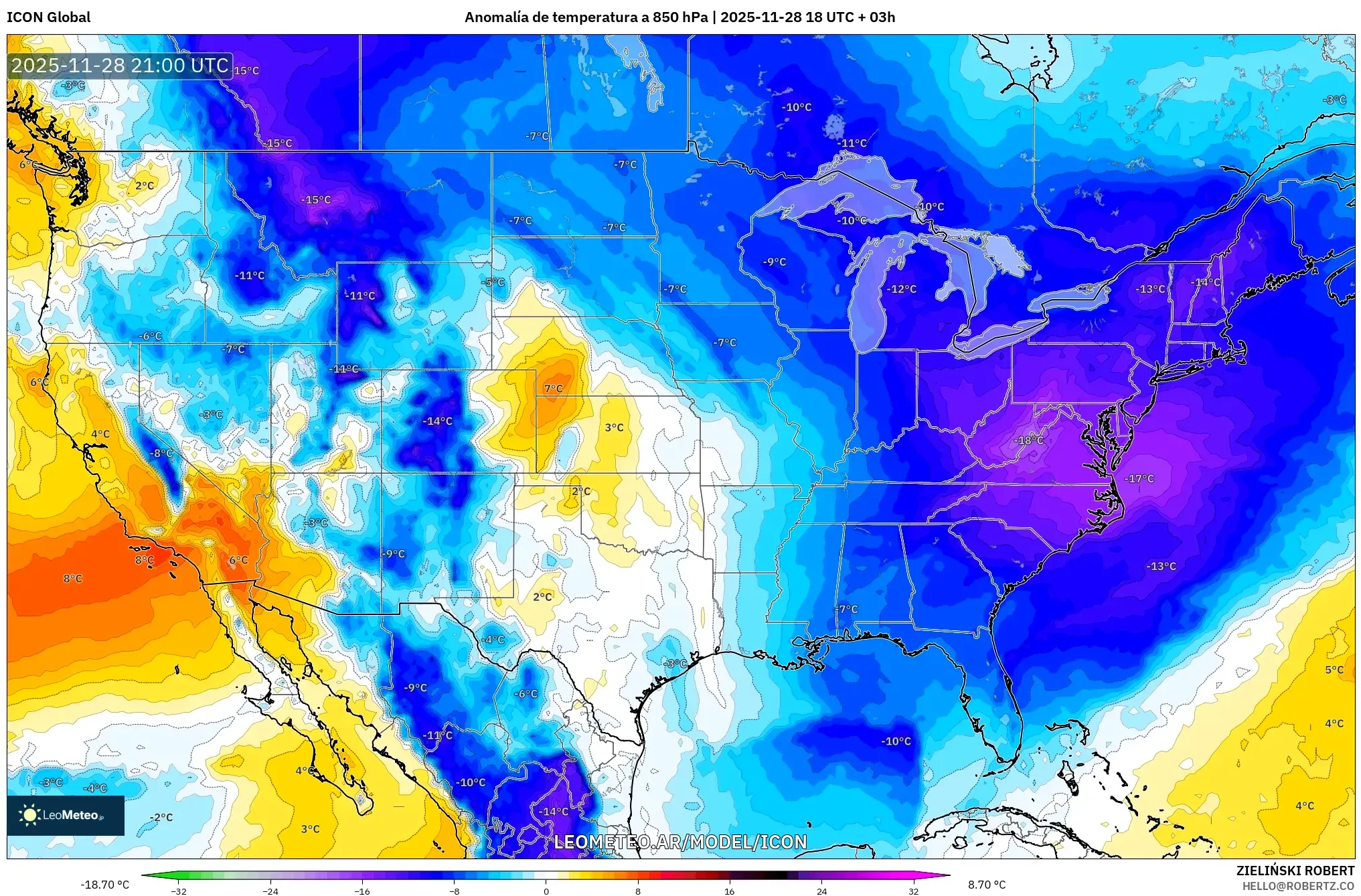 ICON model - Estados Unidos, Anomalía de temperatura a 850 hPa