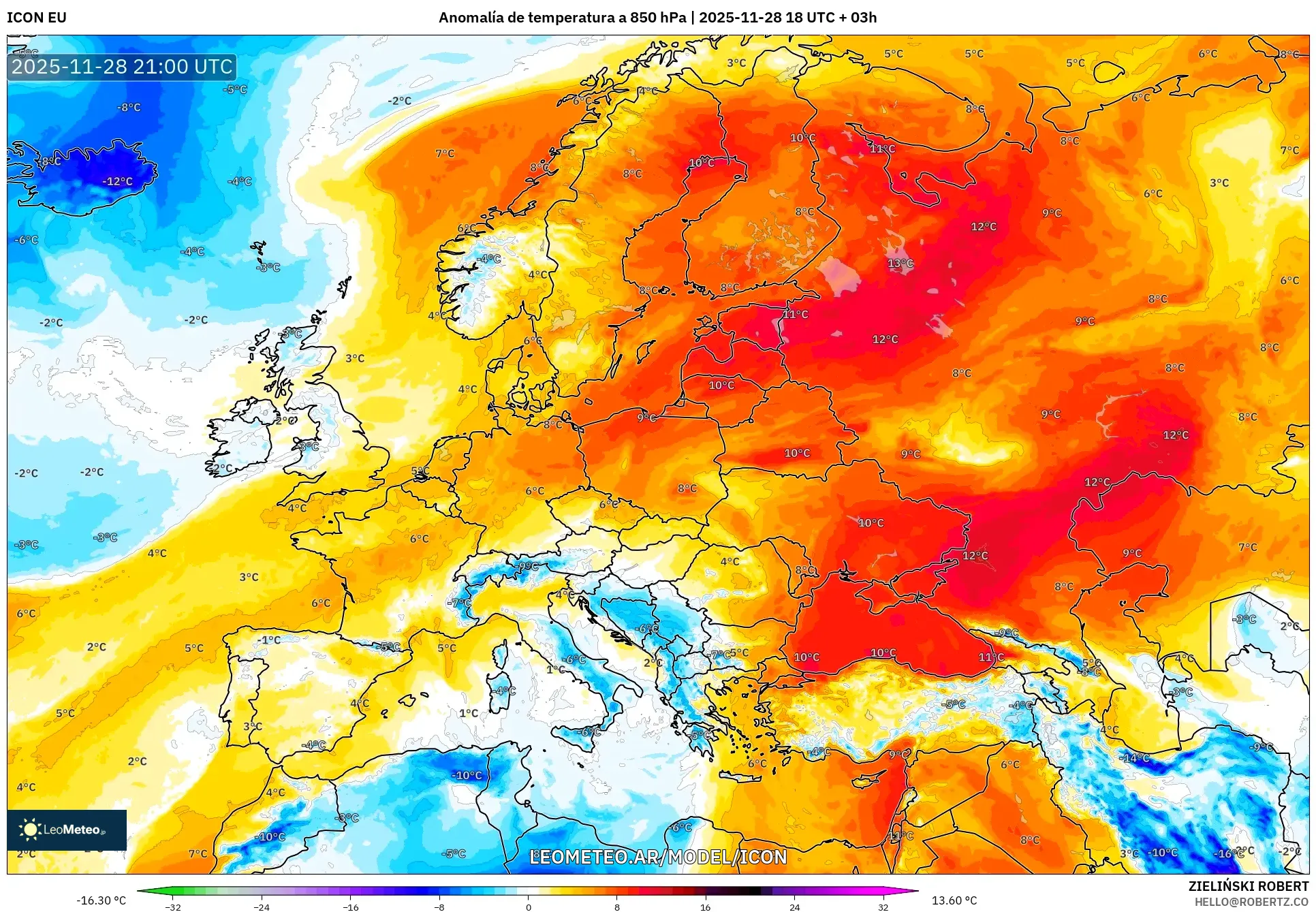 ICON model - Europa, Anomalía de temperatura a 850 hPa