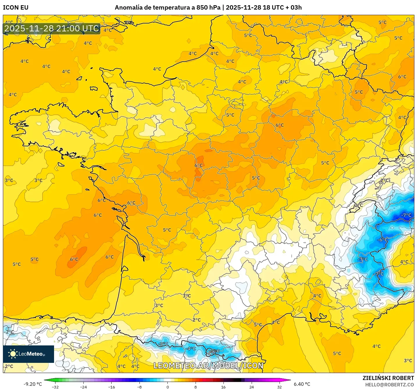 ICON model - Francia, Anomalía de temperatura a 850 hPa