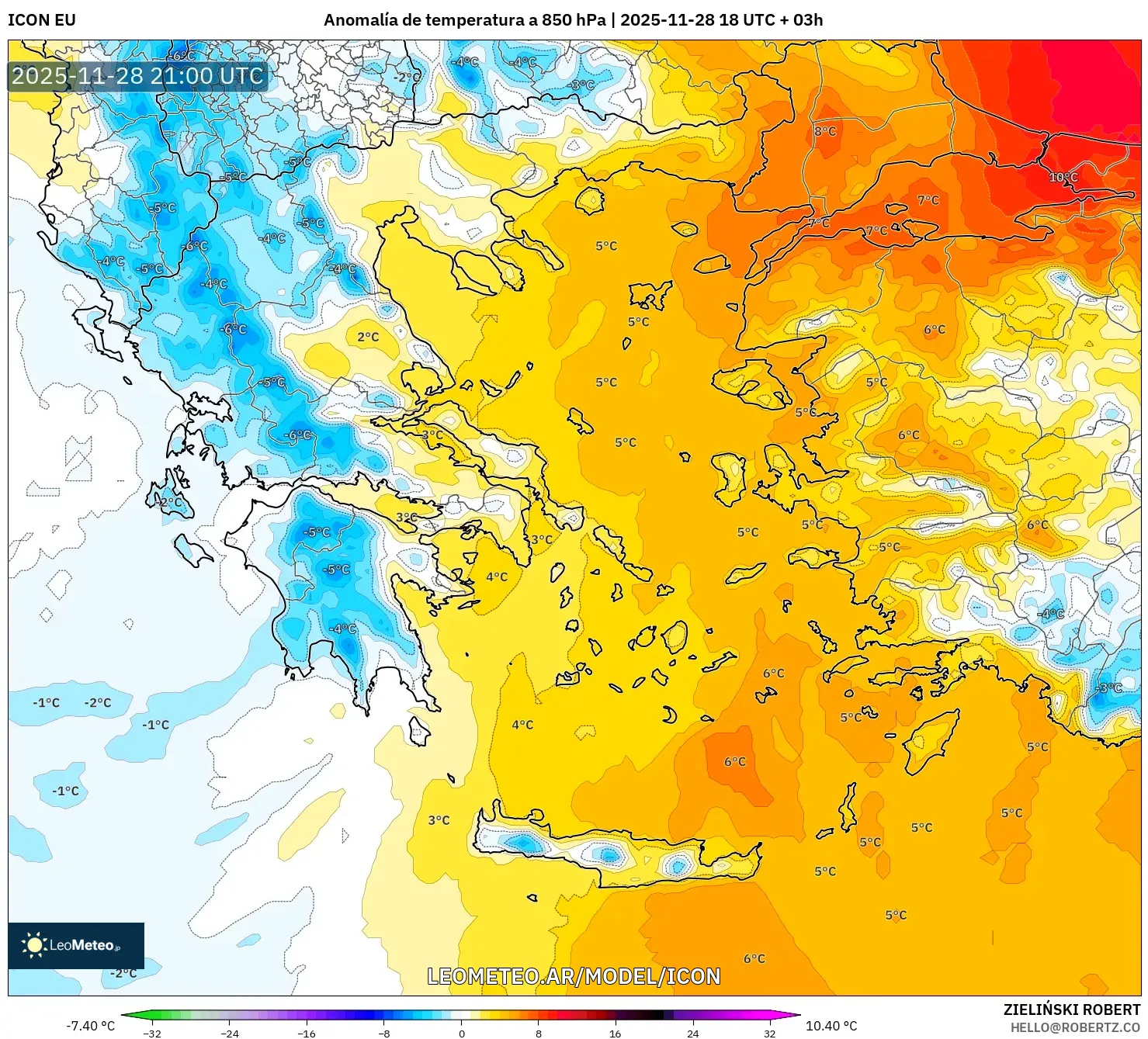 ICON model - Grecia, Anomalía de temperatura a 850 hPa