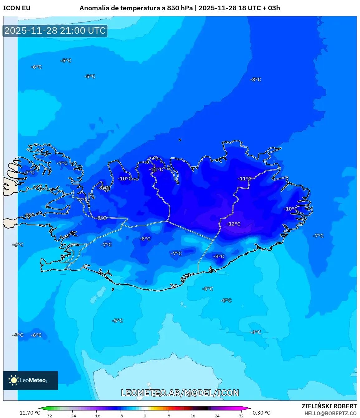 ICON model - Islandia, Anomalía de temperatura a 850 hPa