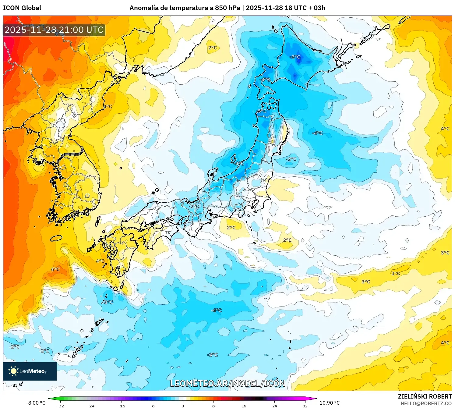 ICON model - Japón, Anomalía de temperatura a 850 hPa
