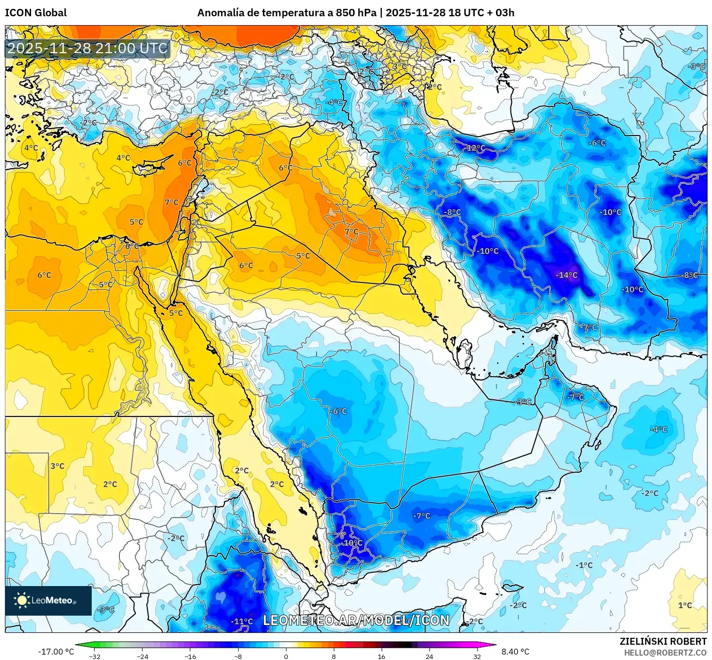 ICON model - Oriente Medio, Anomalía de temperatura a 850 hPa