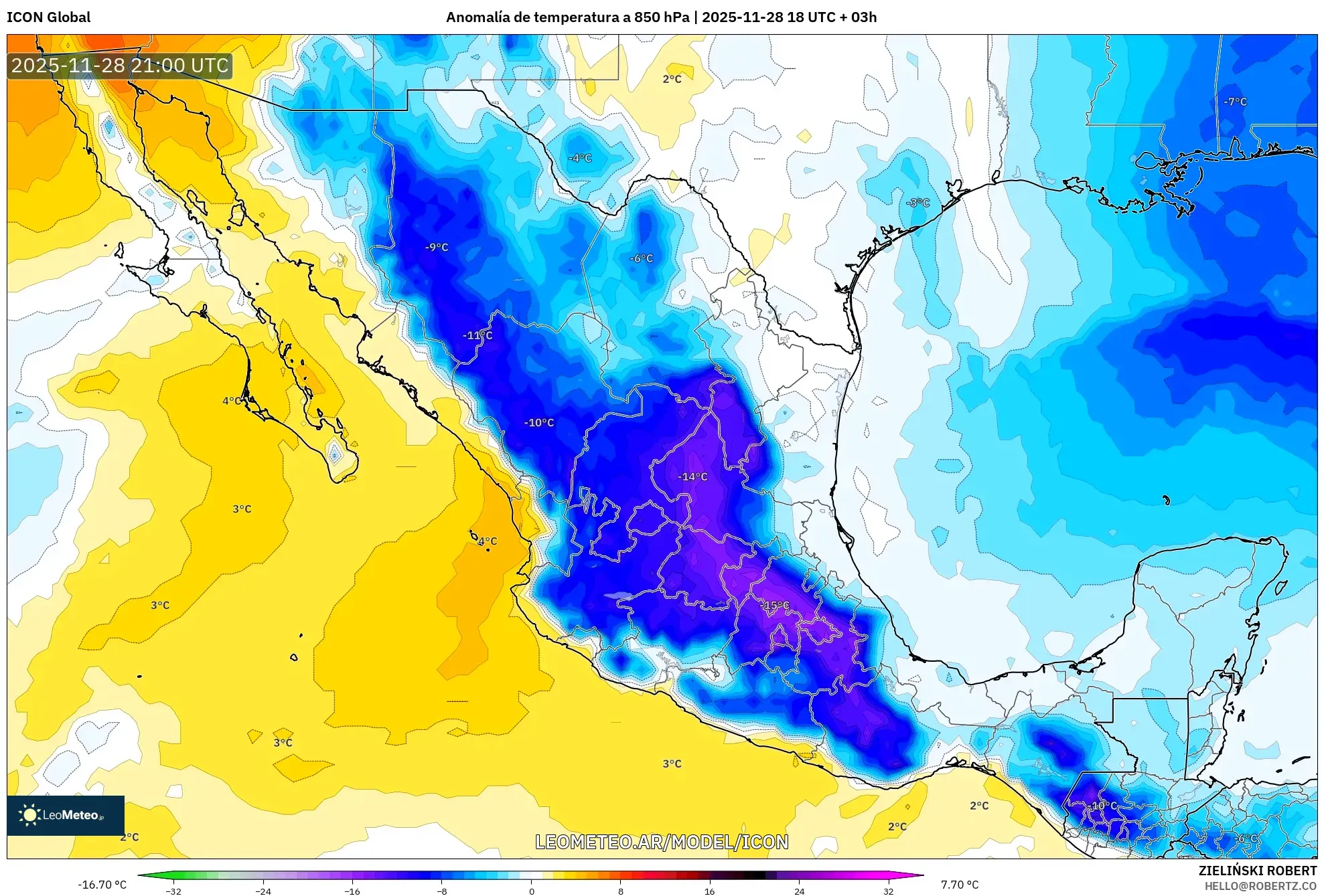 ICON model - México, Anomalía de temperatura a 850 hPa