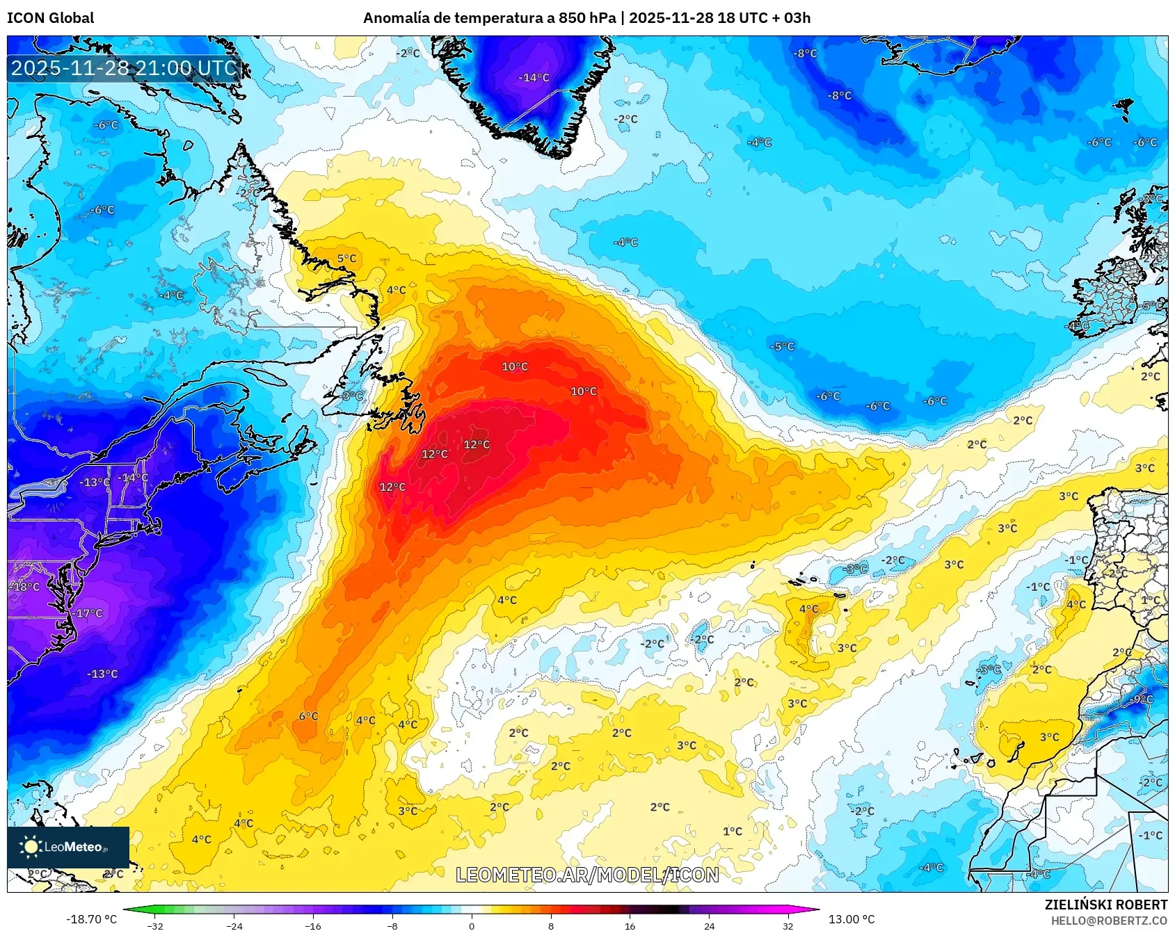 ICON model - Norte Atlántico, Anomalía de temperatura a 850 hPa