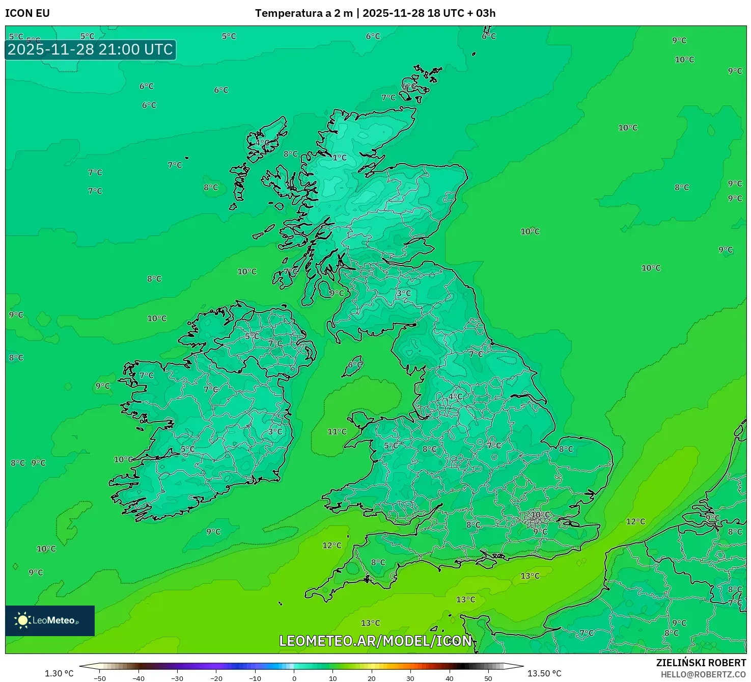 ICON model - Reino Unido, Temperatura a 2 m