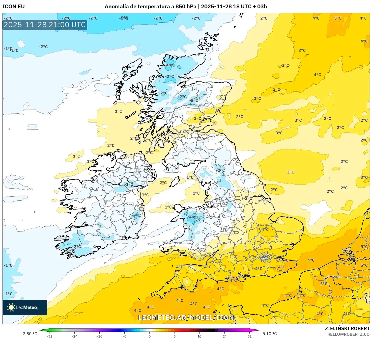 ICON model - Reino Unido, Anomalía de temperatura a 850 hPa