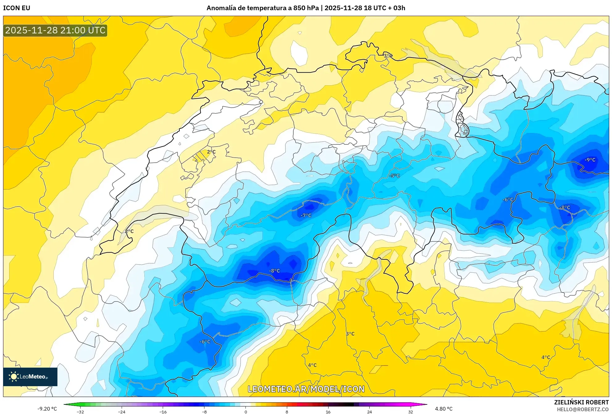 ICON model - Suiza, Anomalía de temperatura a 850 hPa