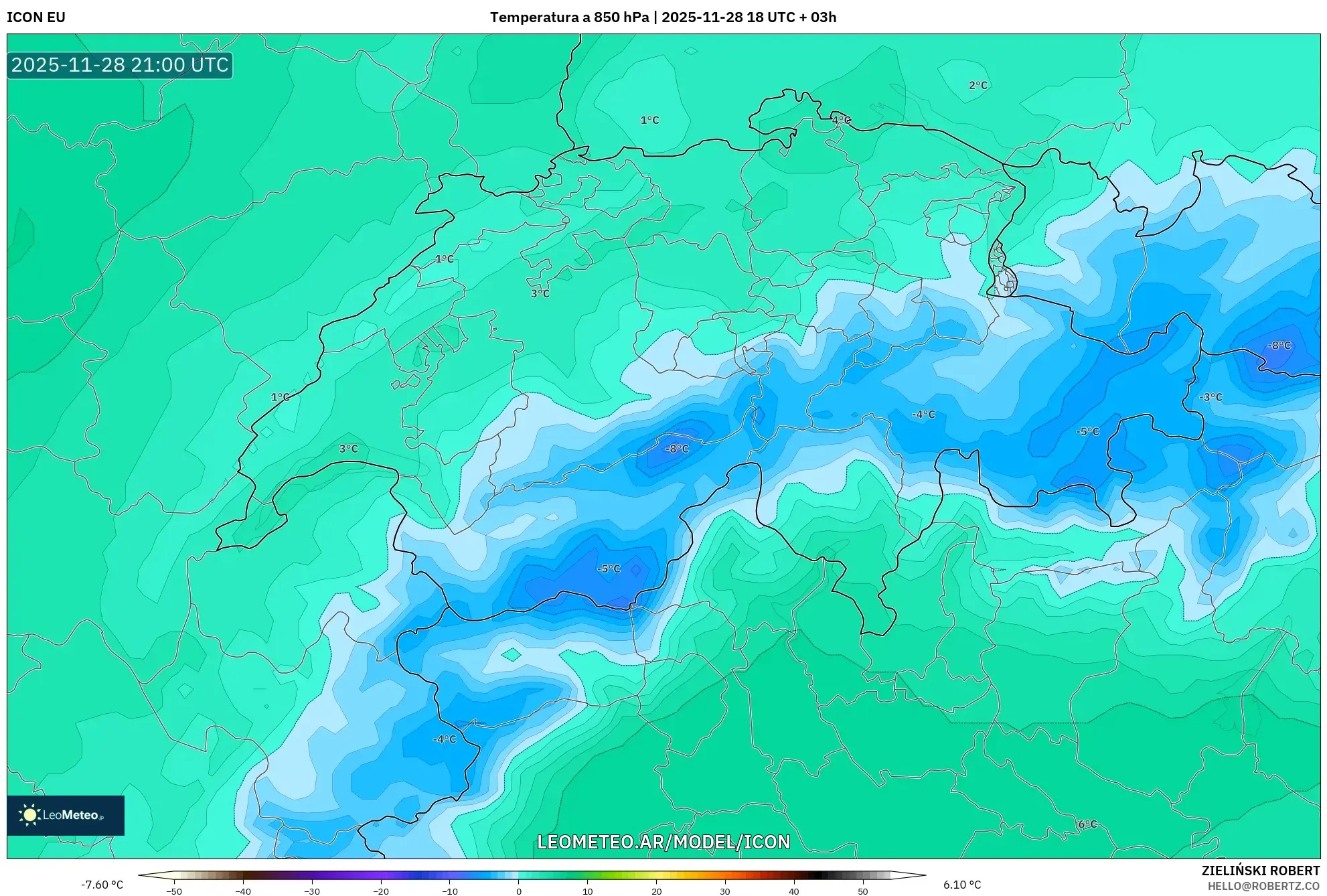 ICON model - Suiza, Temperatura a 850 hPa