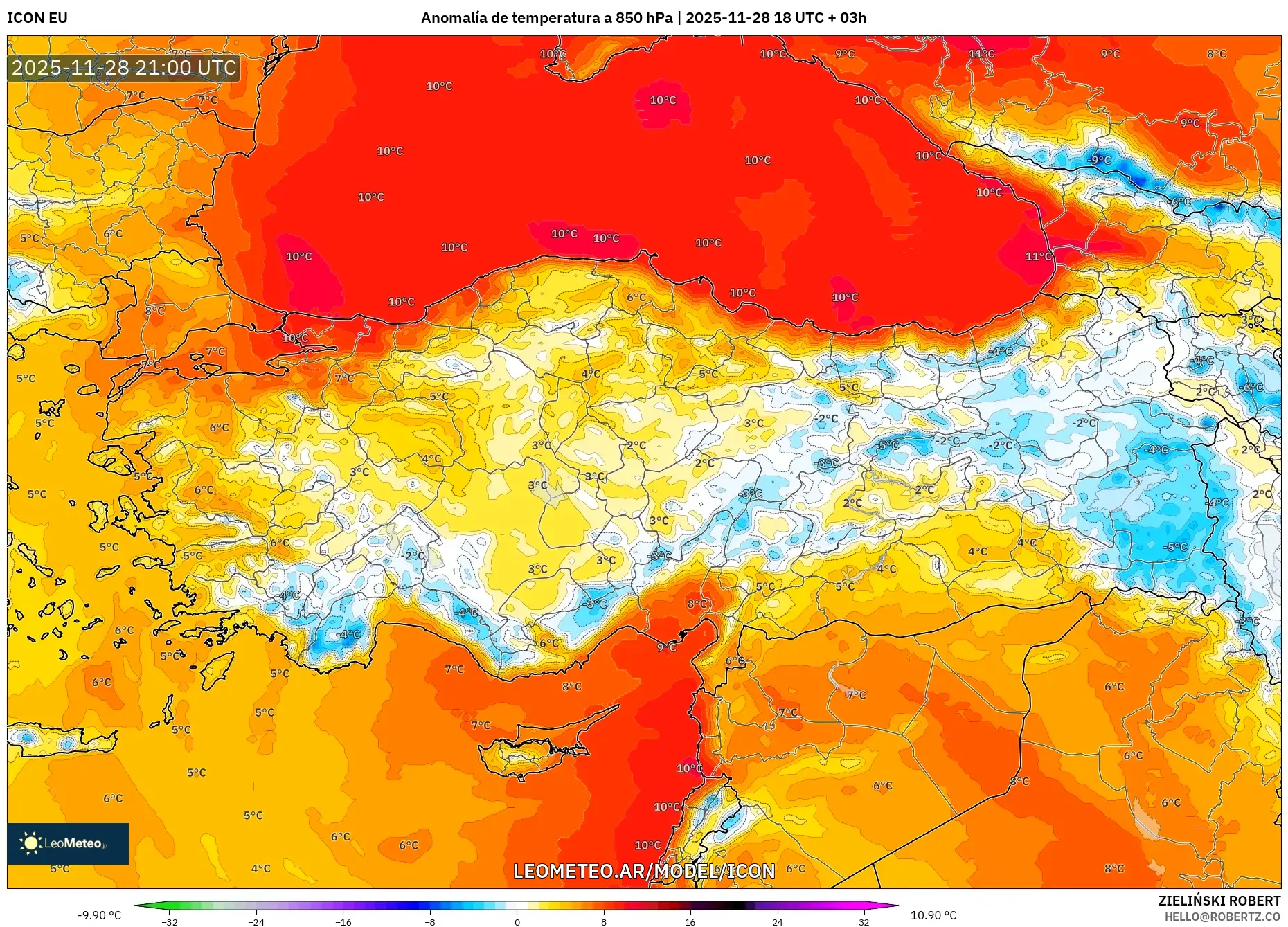 ICON model - Turquía, Anomalía de temperatura a 850 hPa