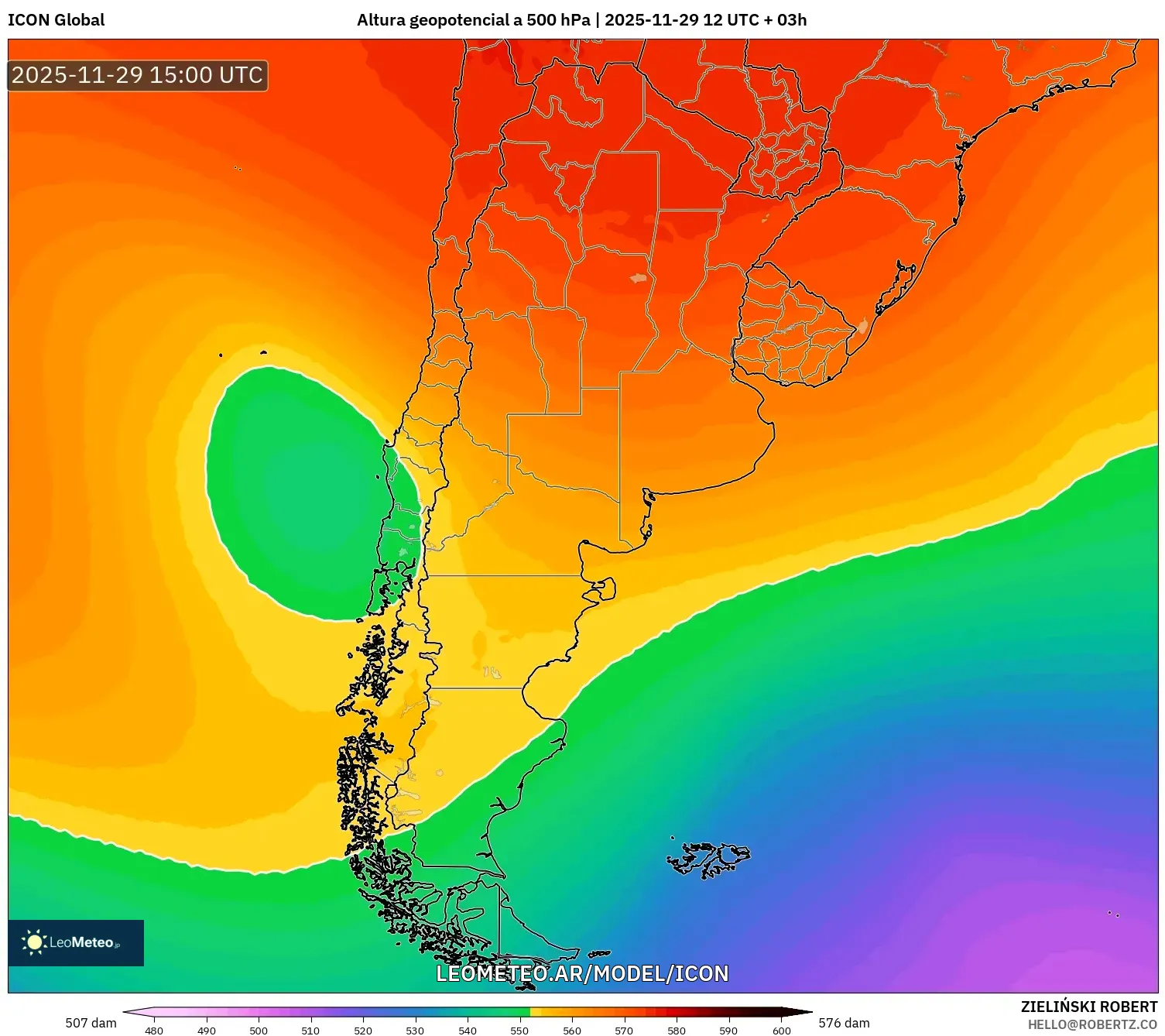 ICON model - Argentina, Altura geopotencial a 500 hPa