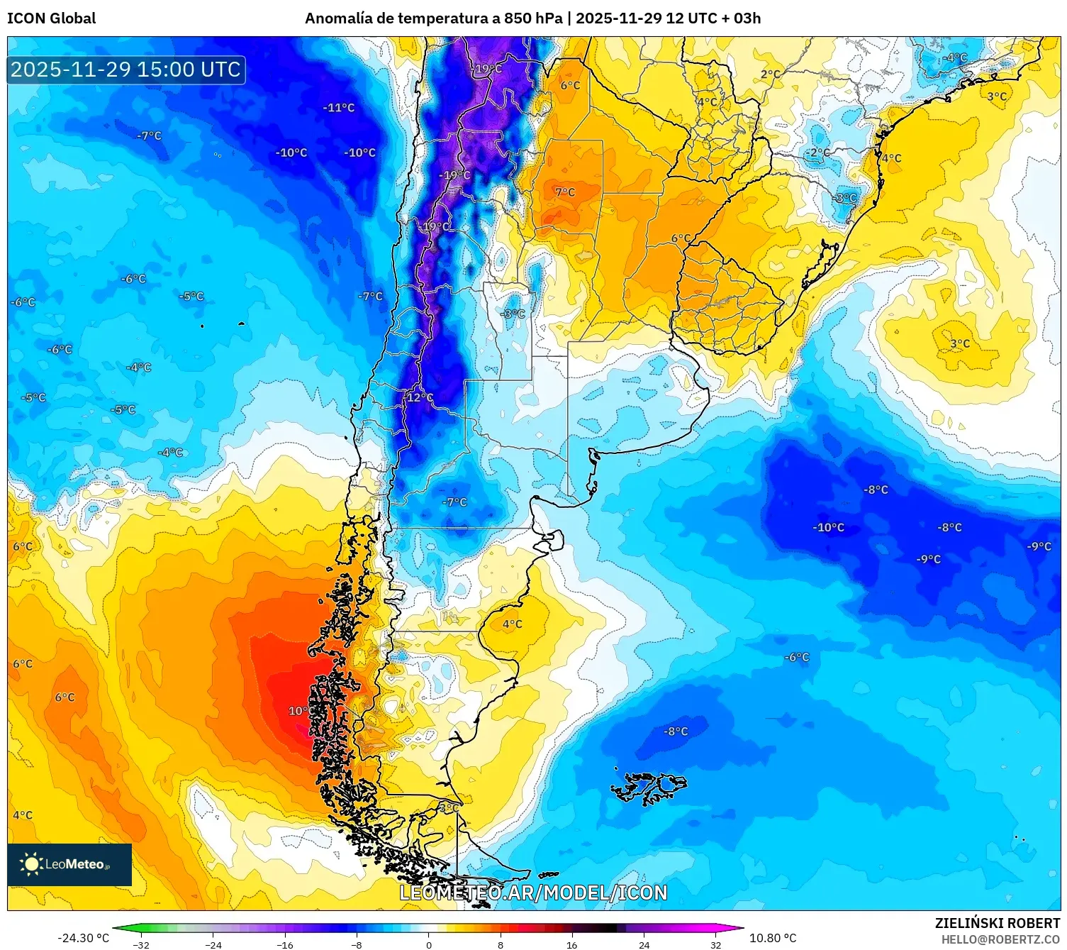 ICON model - Argentina, Anomalía de temperatura a 850 hPa