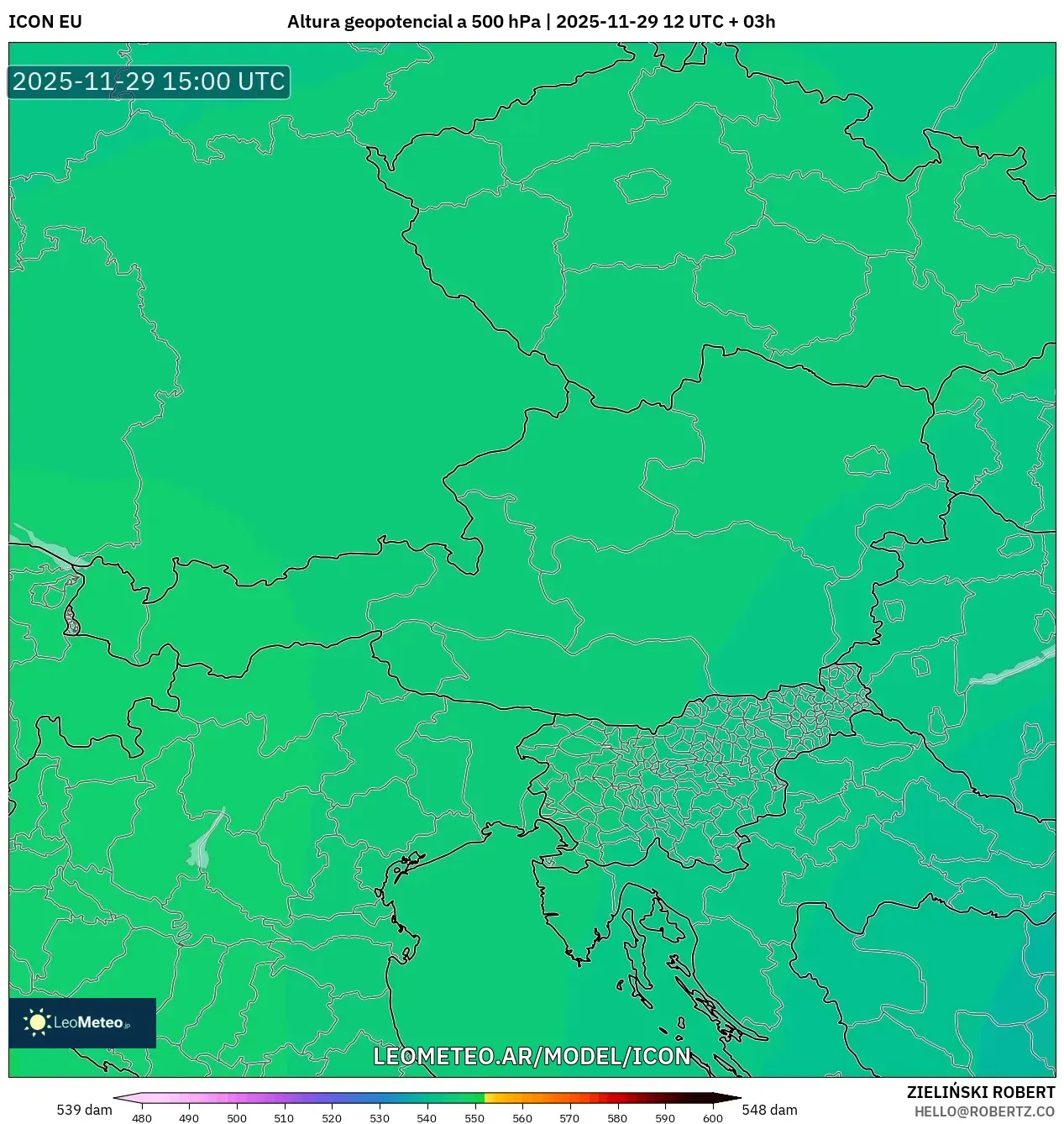 ICON model - Austria, Altura geopotencial a 500 hPa