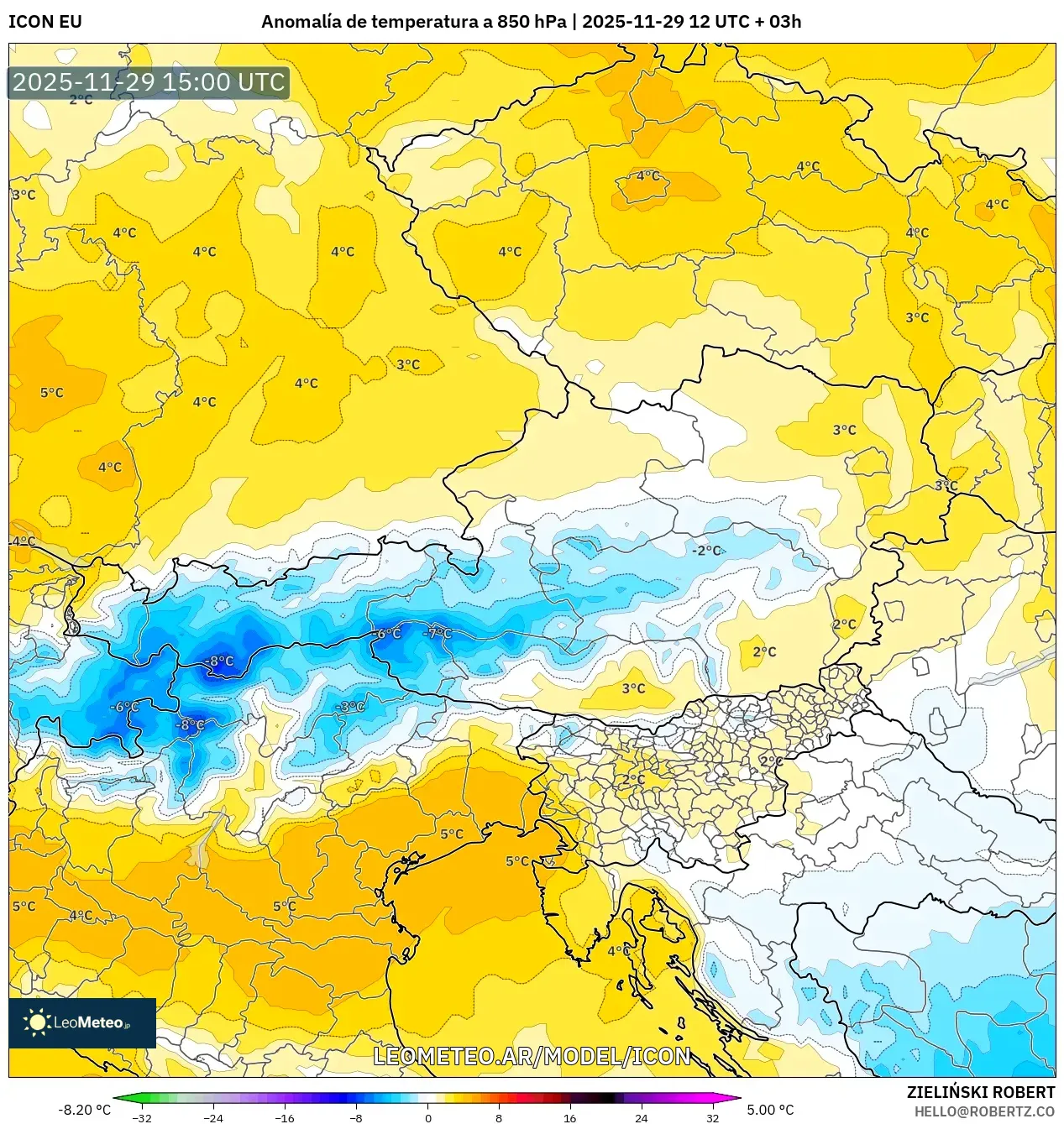 ICON model - Austria, Anomalía de temperatura a 850 hPa