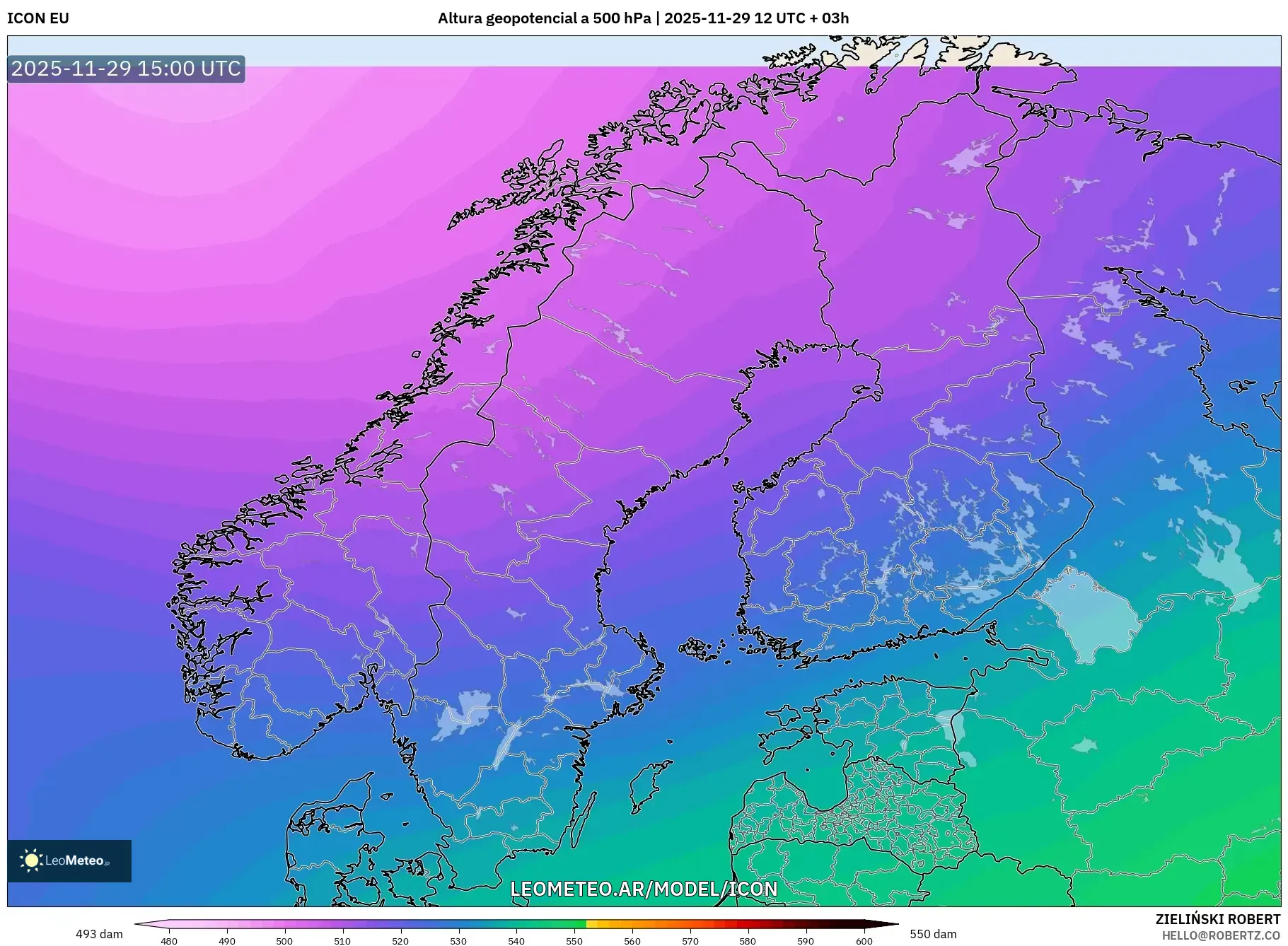 ICON model - Escandinavia, Altura geopotencial a 500 hPa