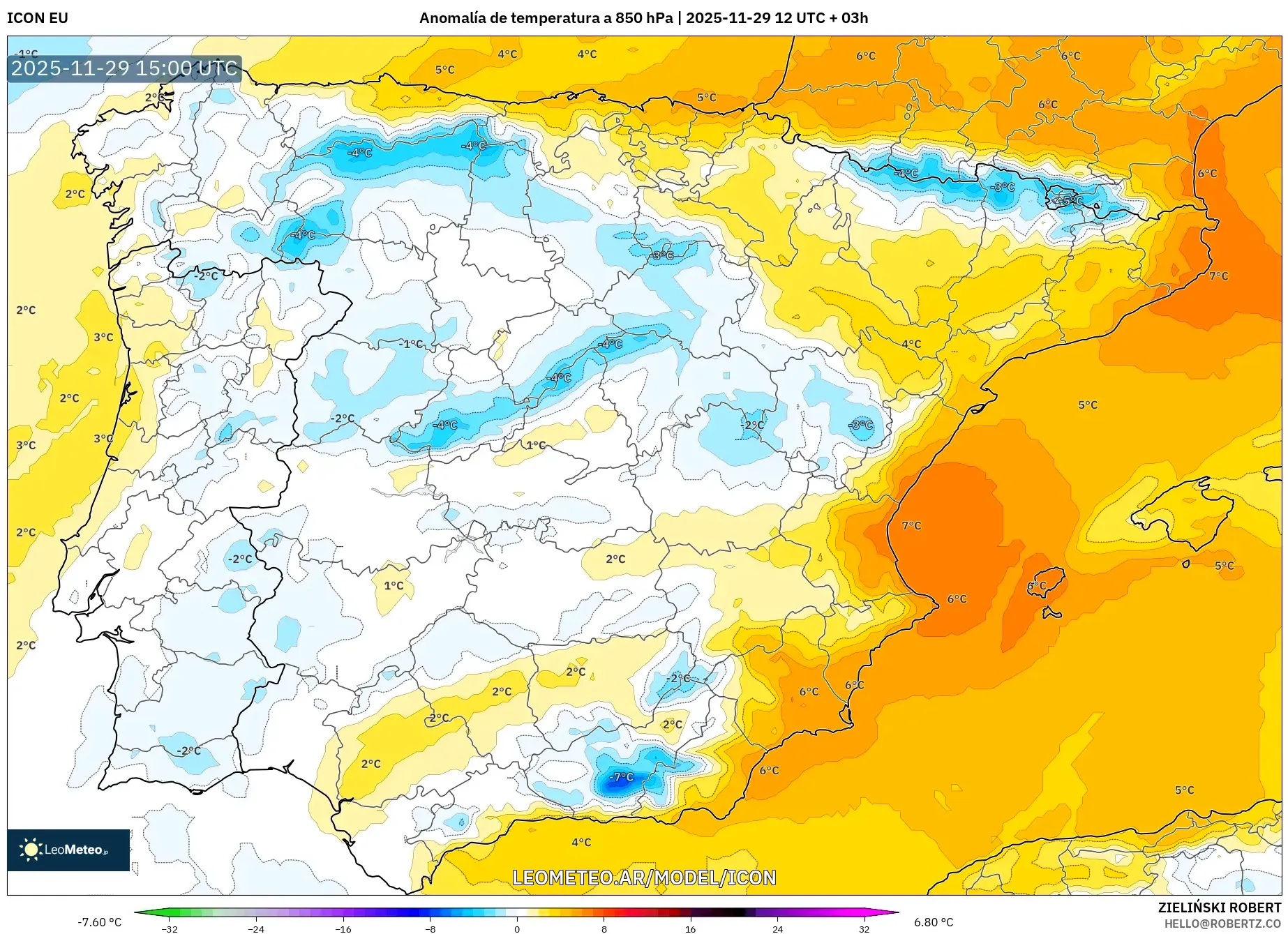 ICON model - España, Anomalía de temperatura a 850 hPa