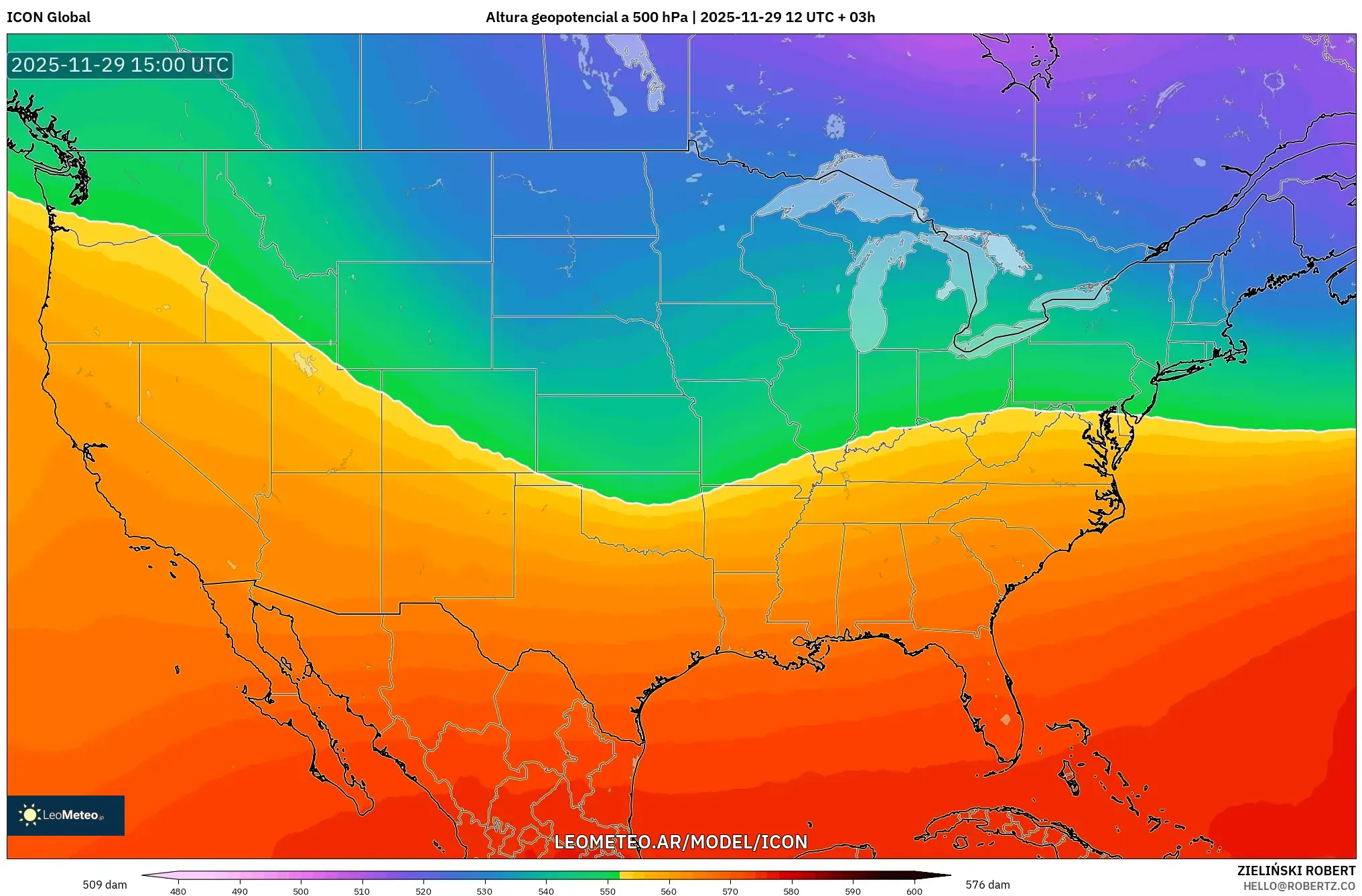 ICON model - Estados Unidos, Altura geopotencial a 500 hPa