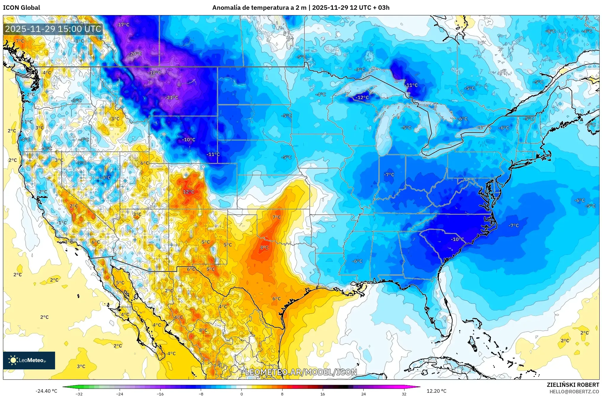 ICON model - Estados Unidos, Anomalía de temperatura a 2 m