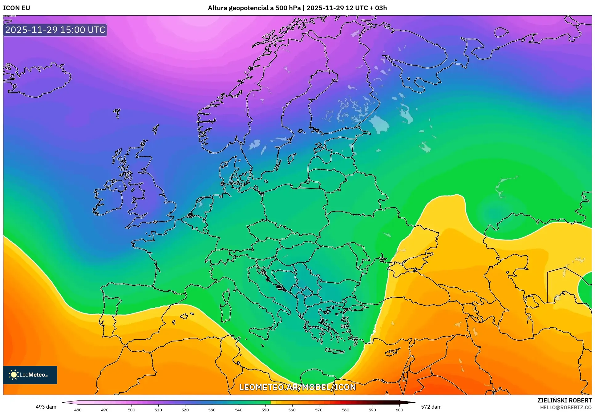 ICON model - Europa, Altura geopotencial a 500 hPa