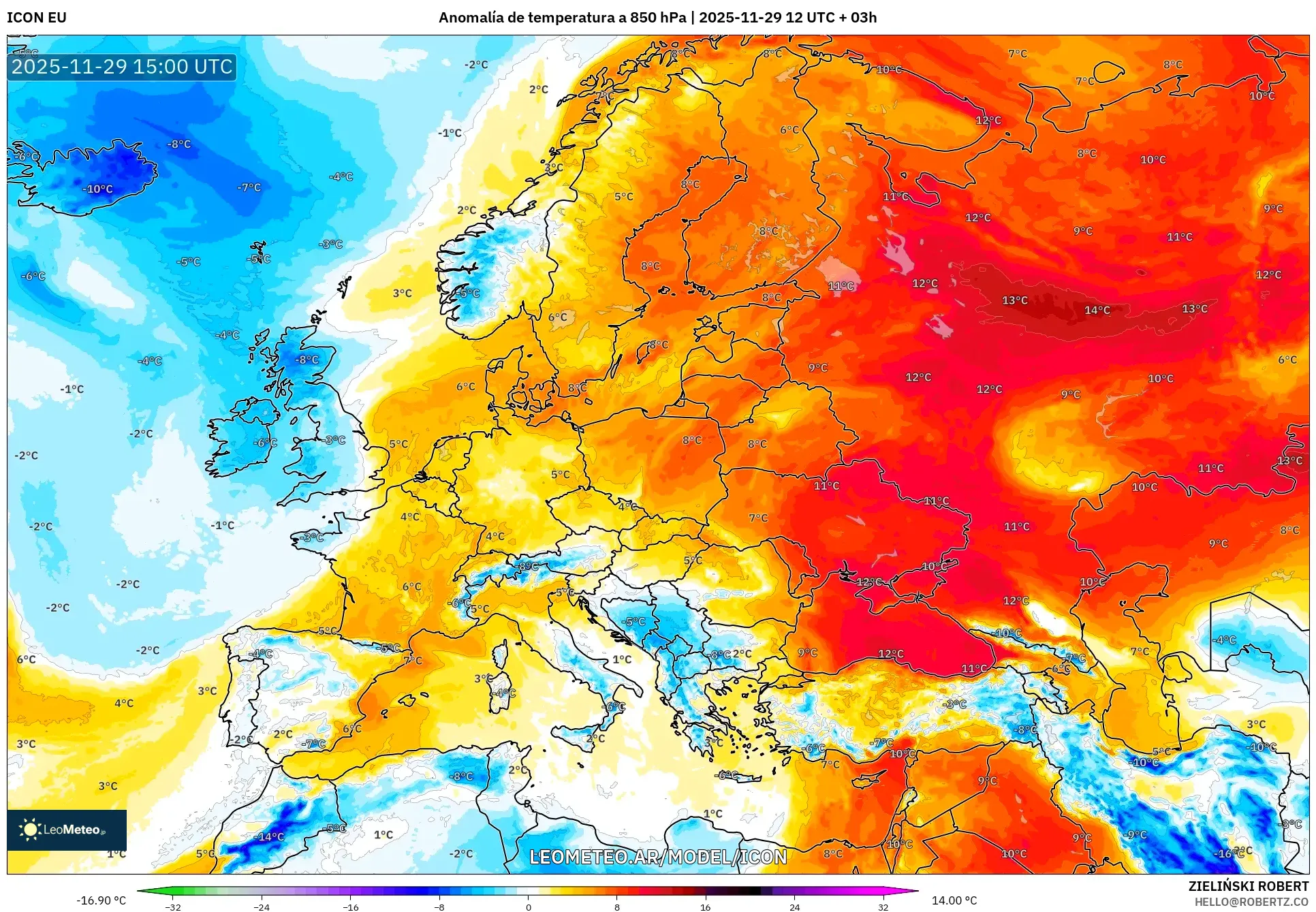 ICON model - Europa, Anomalía de temperatura a 850 hPa
