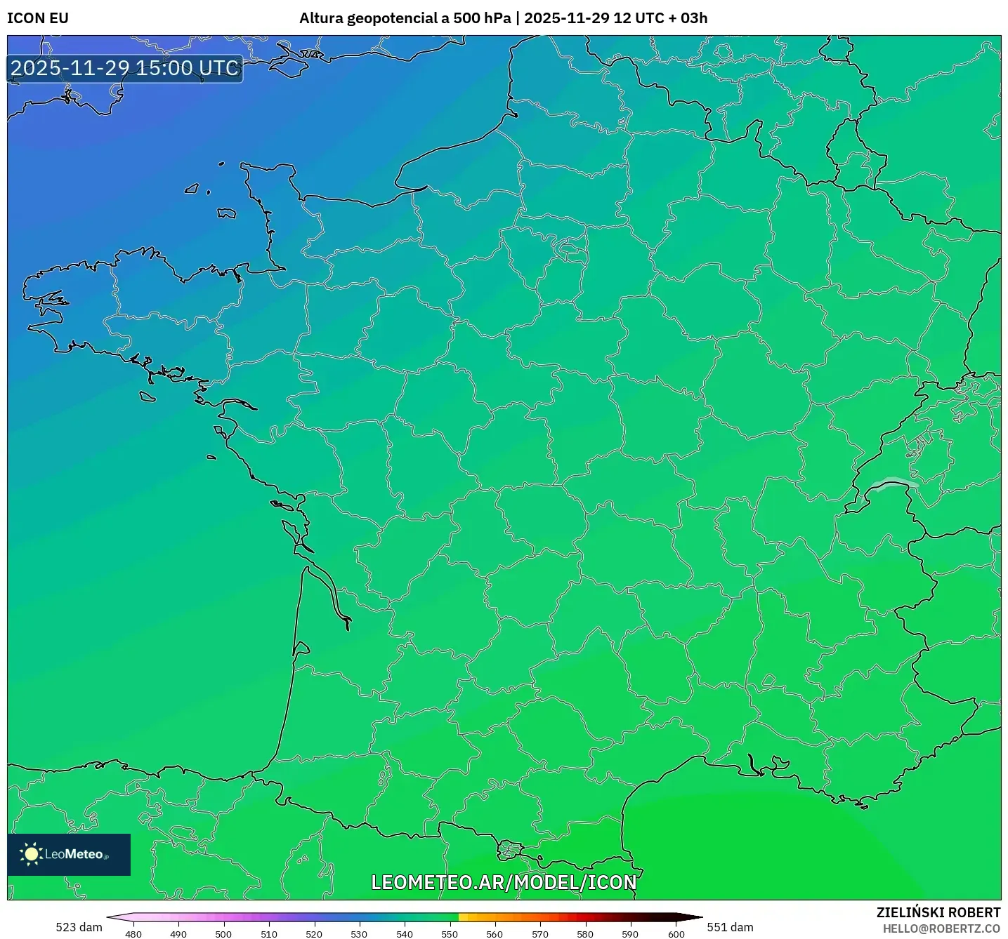 ICON model - Francia, Altura geopotencial a 500 hPa