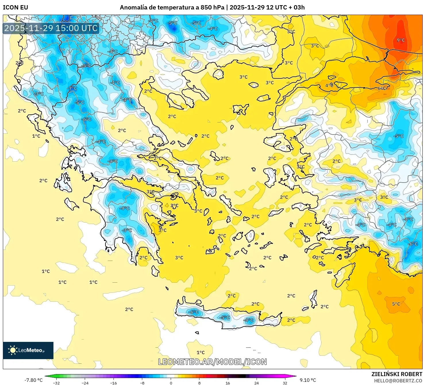 ICON model - Grecia, Anomalía de temperatura a 850 hPa