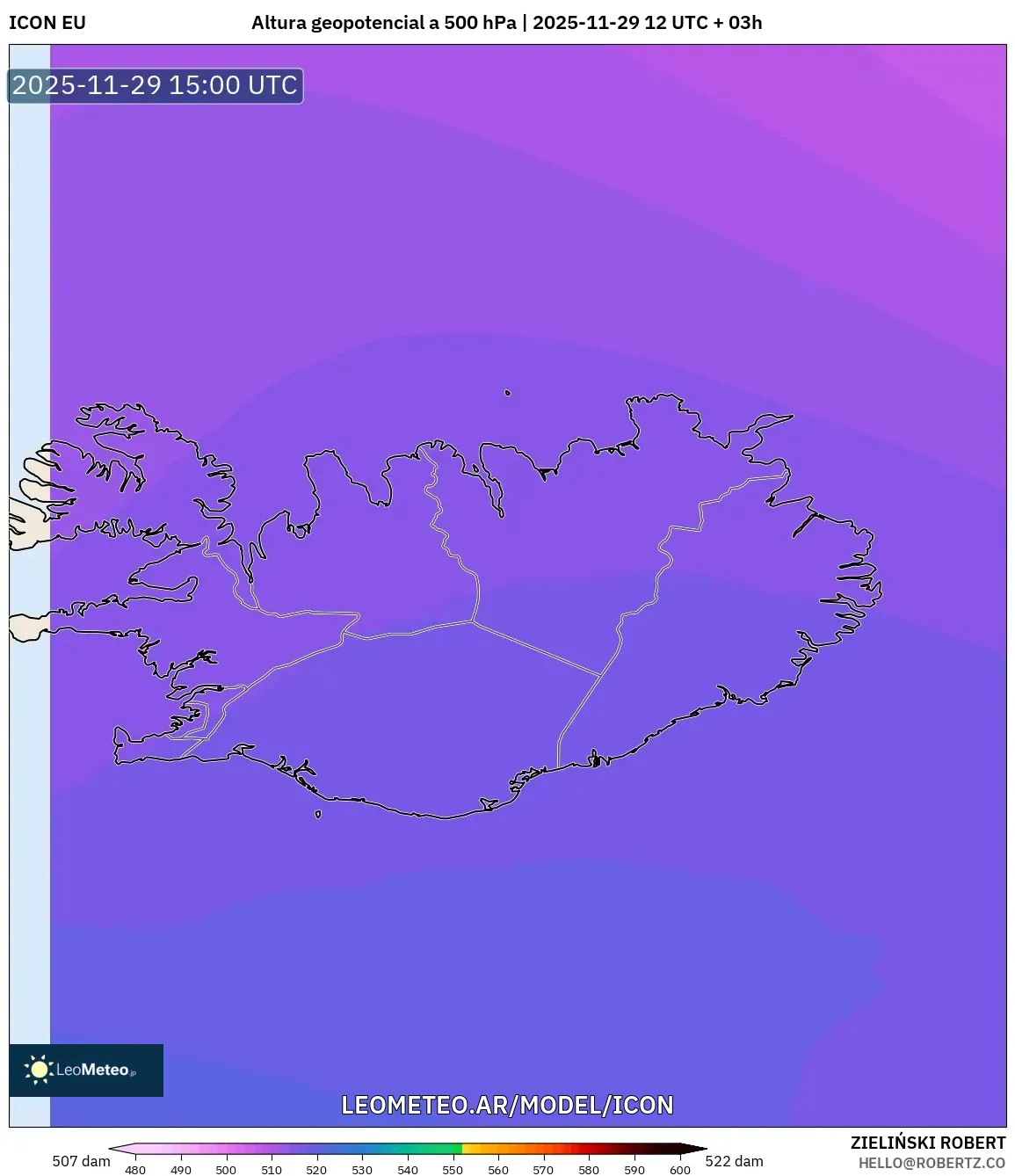 ICON model - Islandia, Altura geopotencial a 500 hPa